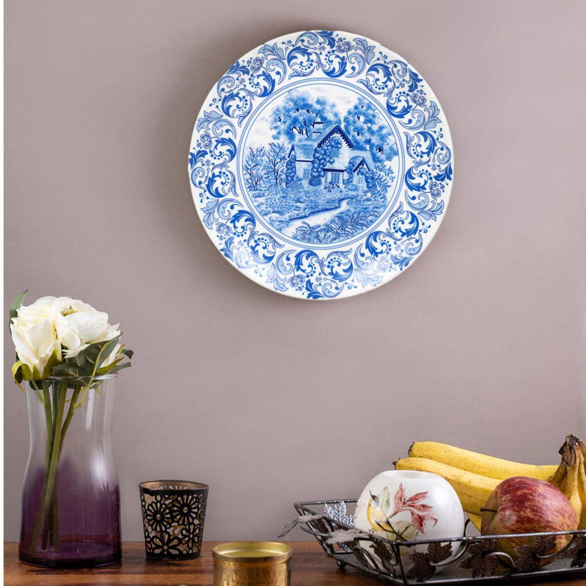KOLOROBIA Premium Wall Plate For Home & Décor Gloss In Cottage Blue Pottery Design