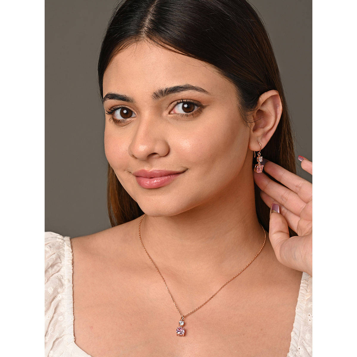 CLARA 925 Silver Rose Gold Plated Swiss Zirconia Rosa Pendant Earrings Chain Set for Women