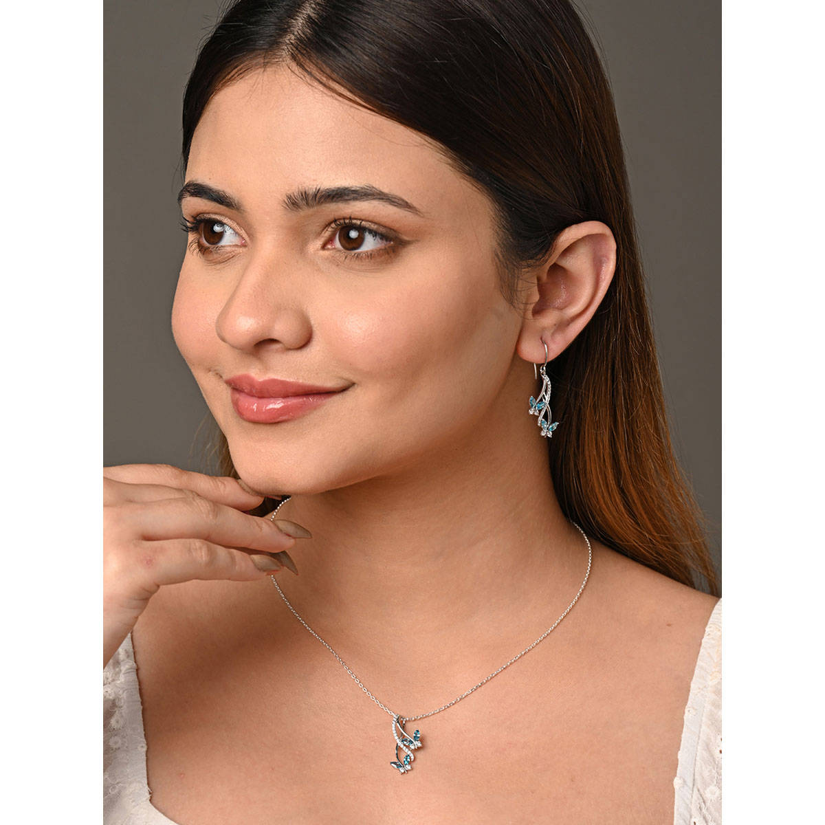 CLARA Silver Rhodium Plated Swiss Zirconia Butterfly Pendant Earrings Chain Set for Women