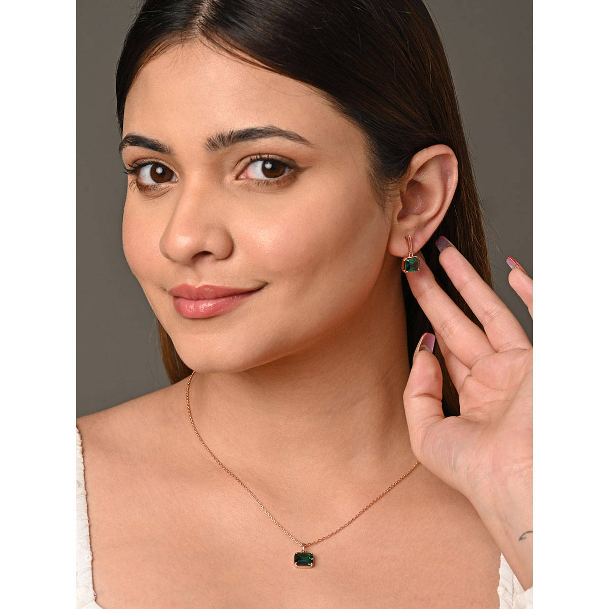CLARA 925 Silver Rose Gold Plated Swiss Zirconia Celia Pendant Earrings Chain Set for Women