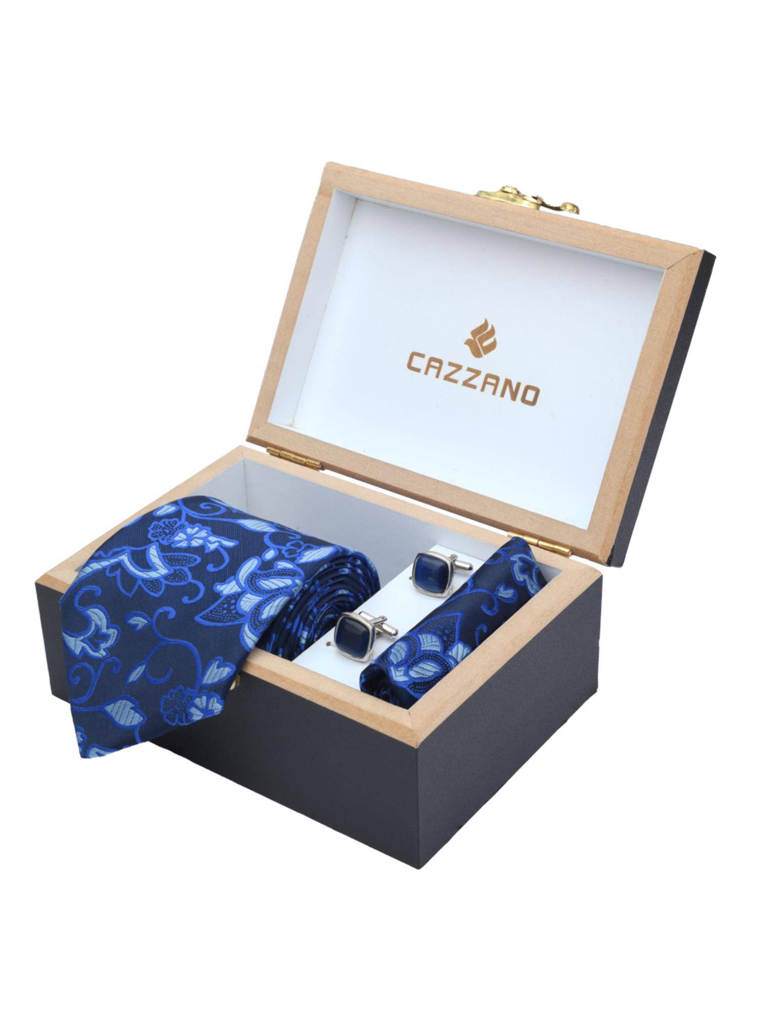 CAZZANO Men Printed Microfiber Blue Tie With Cufflinks & Pocket Square