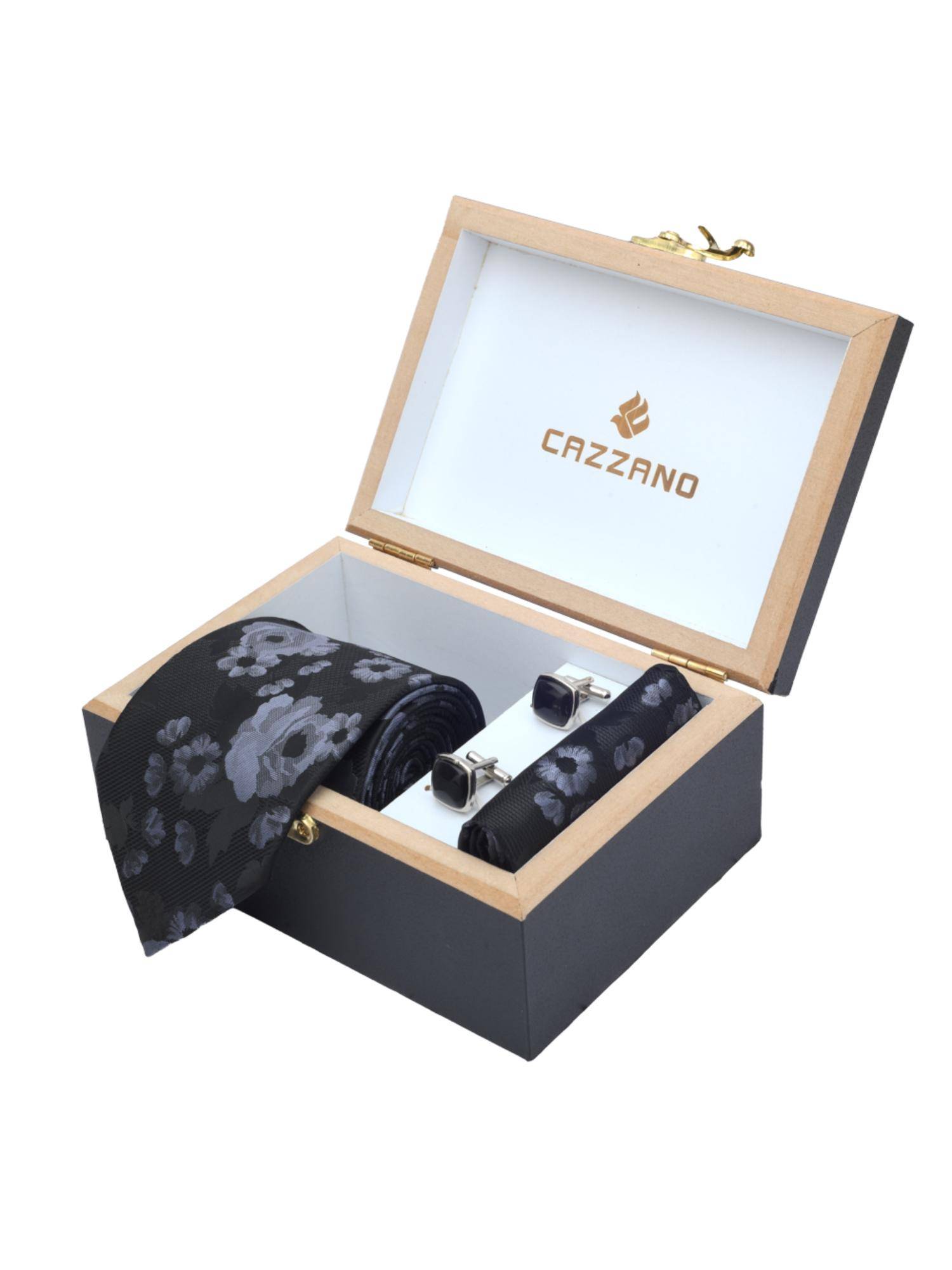 CAZZANO Men Floral Microfiber Black Tie With Cufflinks & Pocket Square