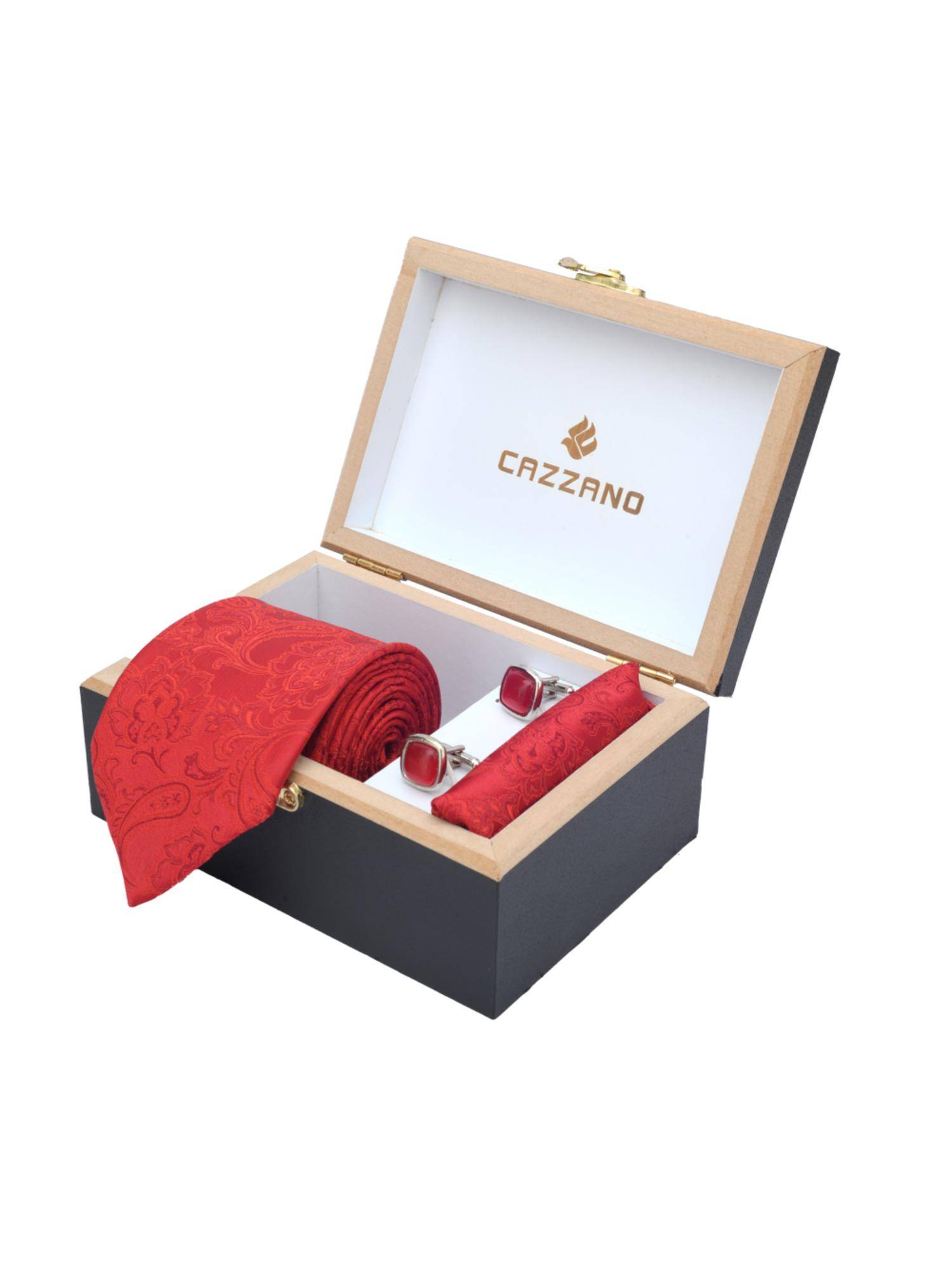 CAZZANO Men Printed Microfiber Red Tie With Cufflinks & Pocket Square