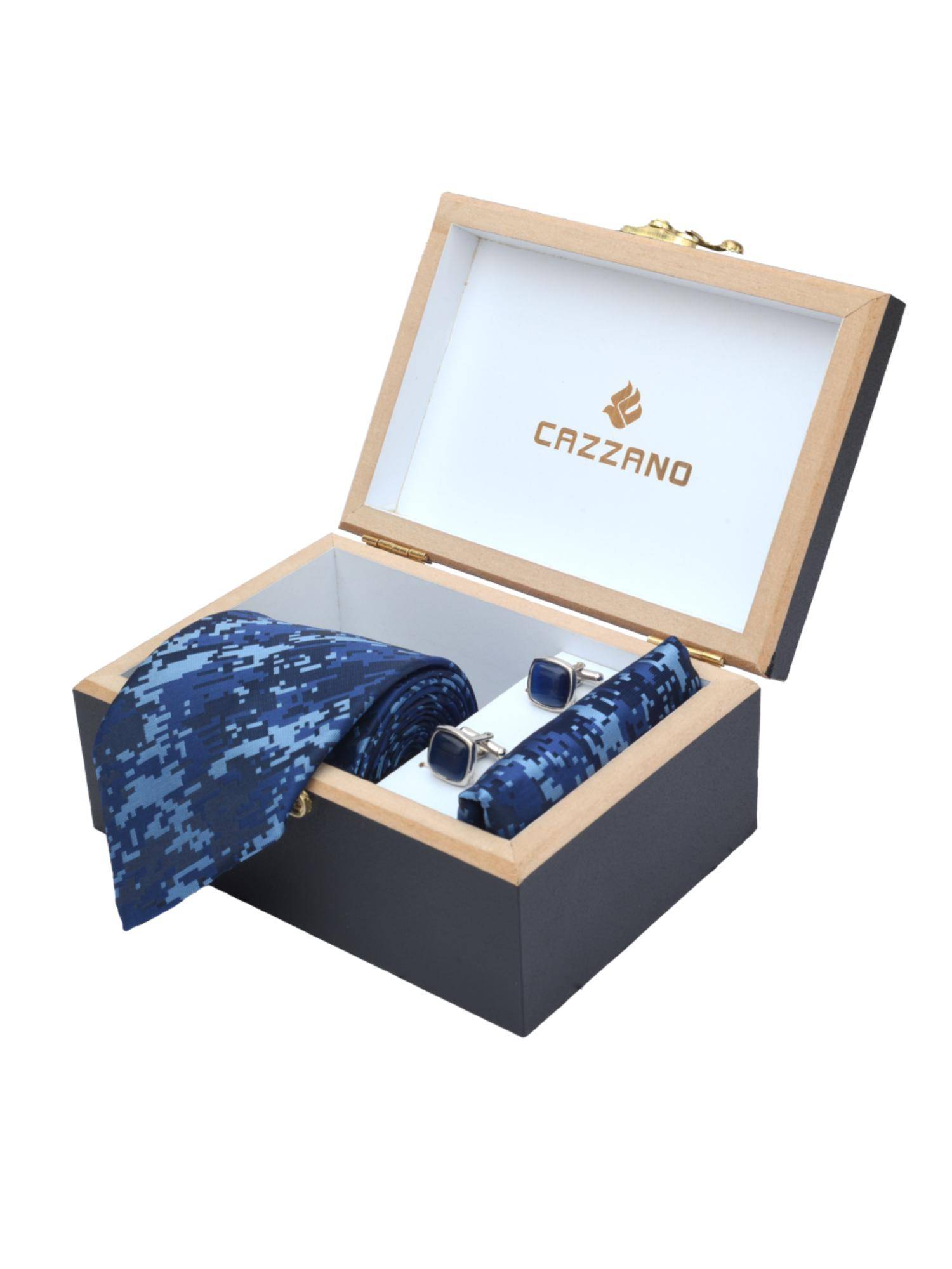 CAZZANO Men Geometric Microfiber Blue Tie With Cufflinks & Pocket Square
