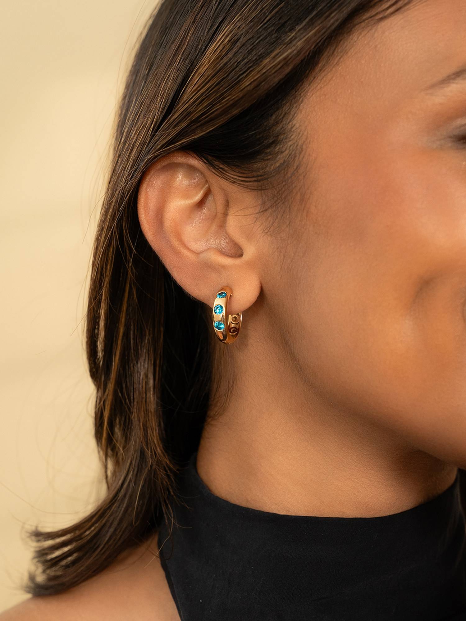 925 Silver Shaya by CaratLane Women Crafted Gold Plated Azure Blue Stone Hoop Earrings