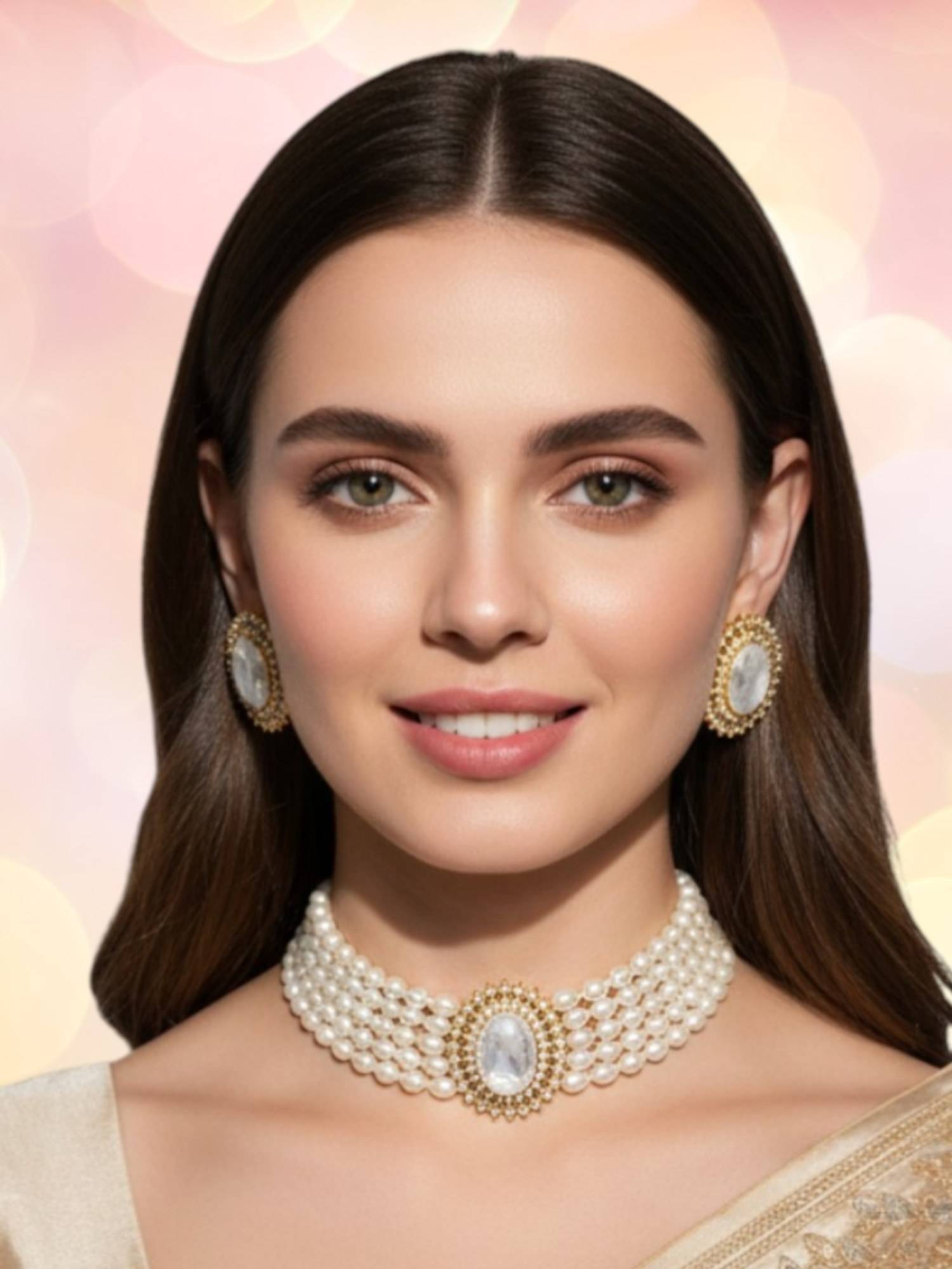 OOMPH Women White Pearls Multi Layered Ethnic Choker Jewellery Set