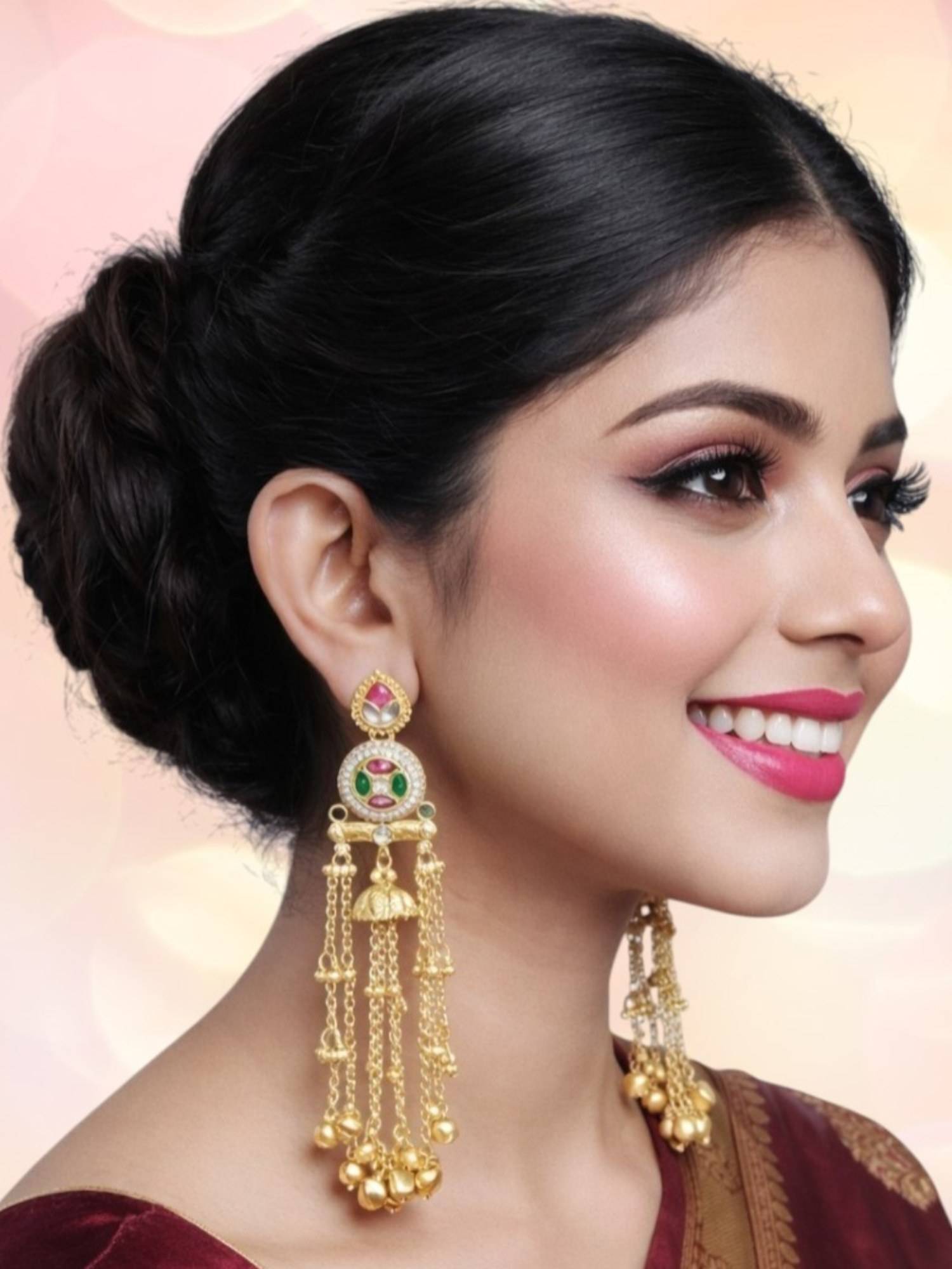 OOMPH Women Multi-Color Kundan Heritage Ghungroo Detailing Kashmiri Drop Earrings