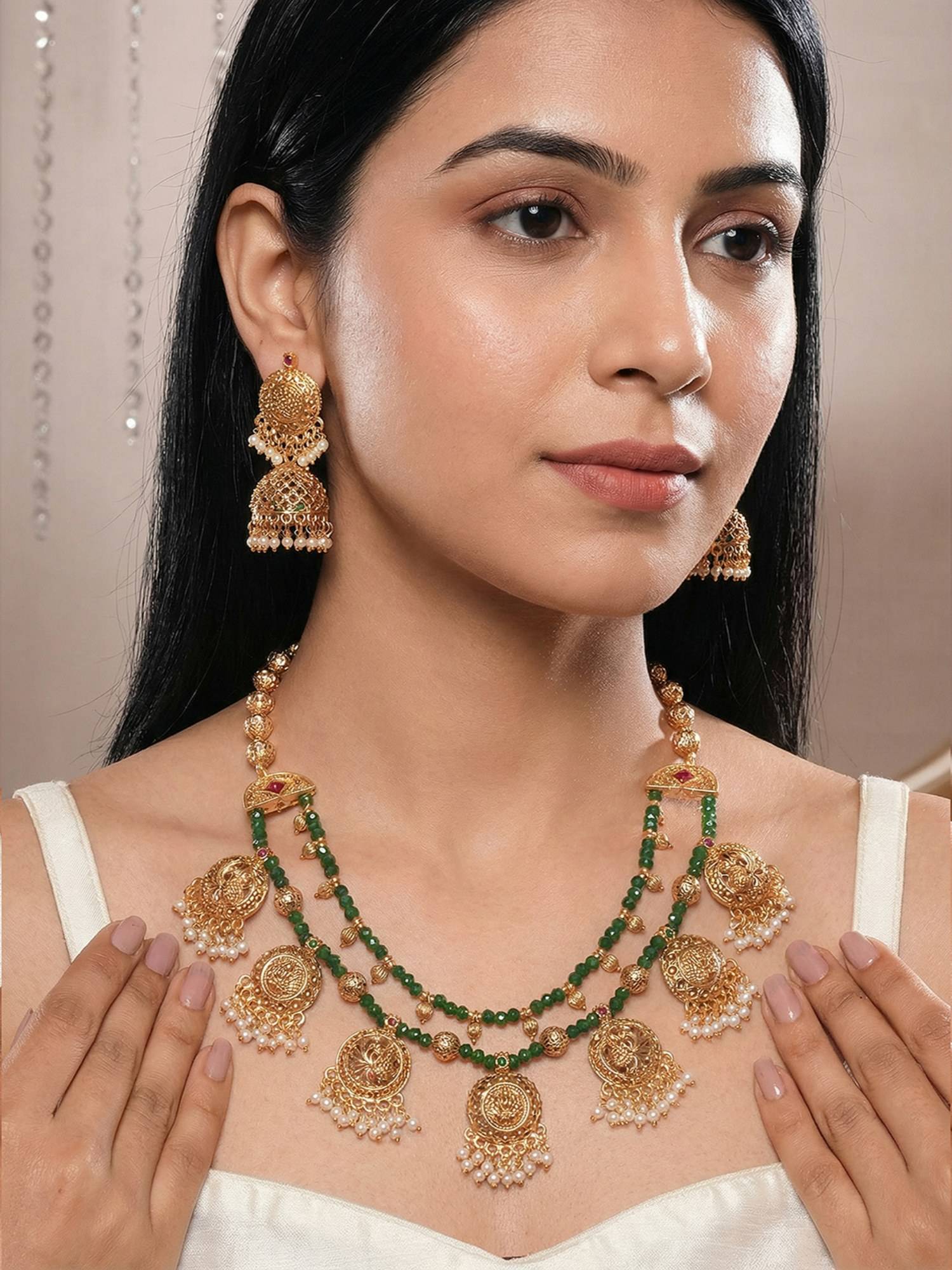 Saraf RS Jewellery Women 22k Gold Plated Green Beads Temple Lakshmi Jewellery Set