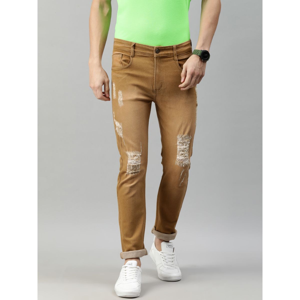 Distressed khaki online jeans