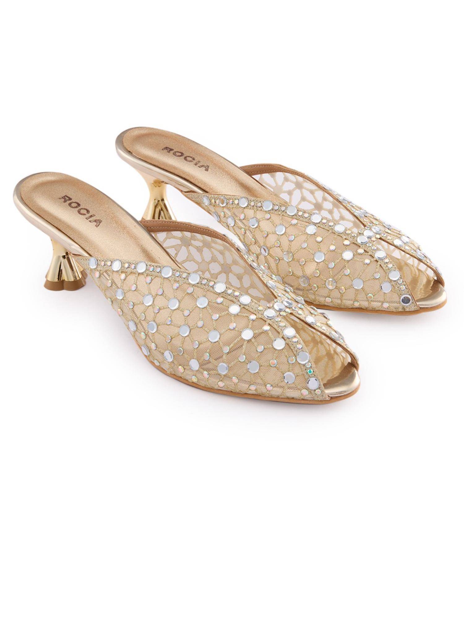 Gold Ric Rac Heels Buy ROCIA Gold Women Diamond Embellished Net Stylish Sandal Heels Online