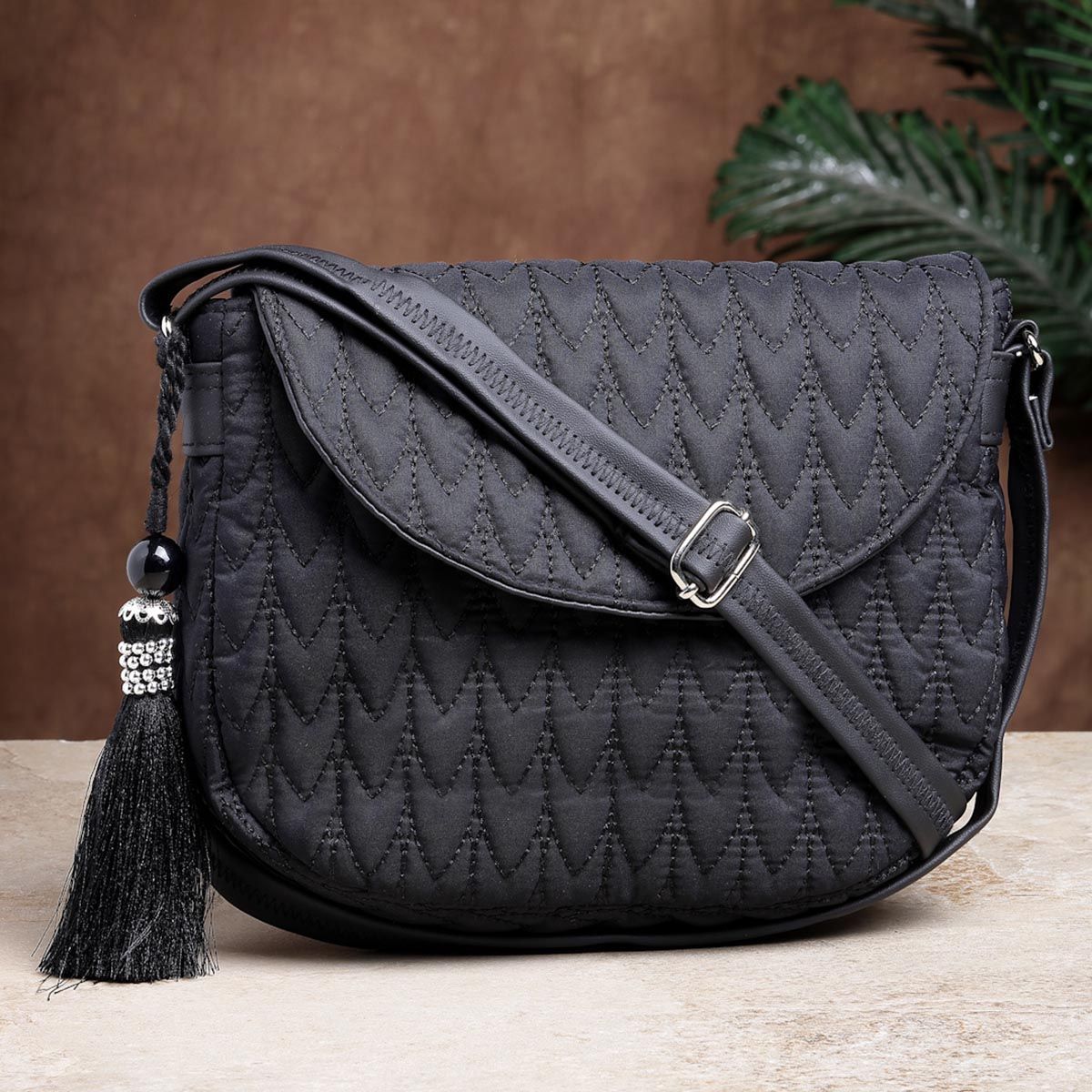 Buy Anekaant Uno Black Chevron Quilted Polyester Sling Bag Online