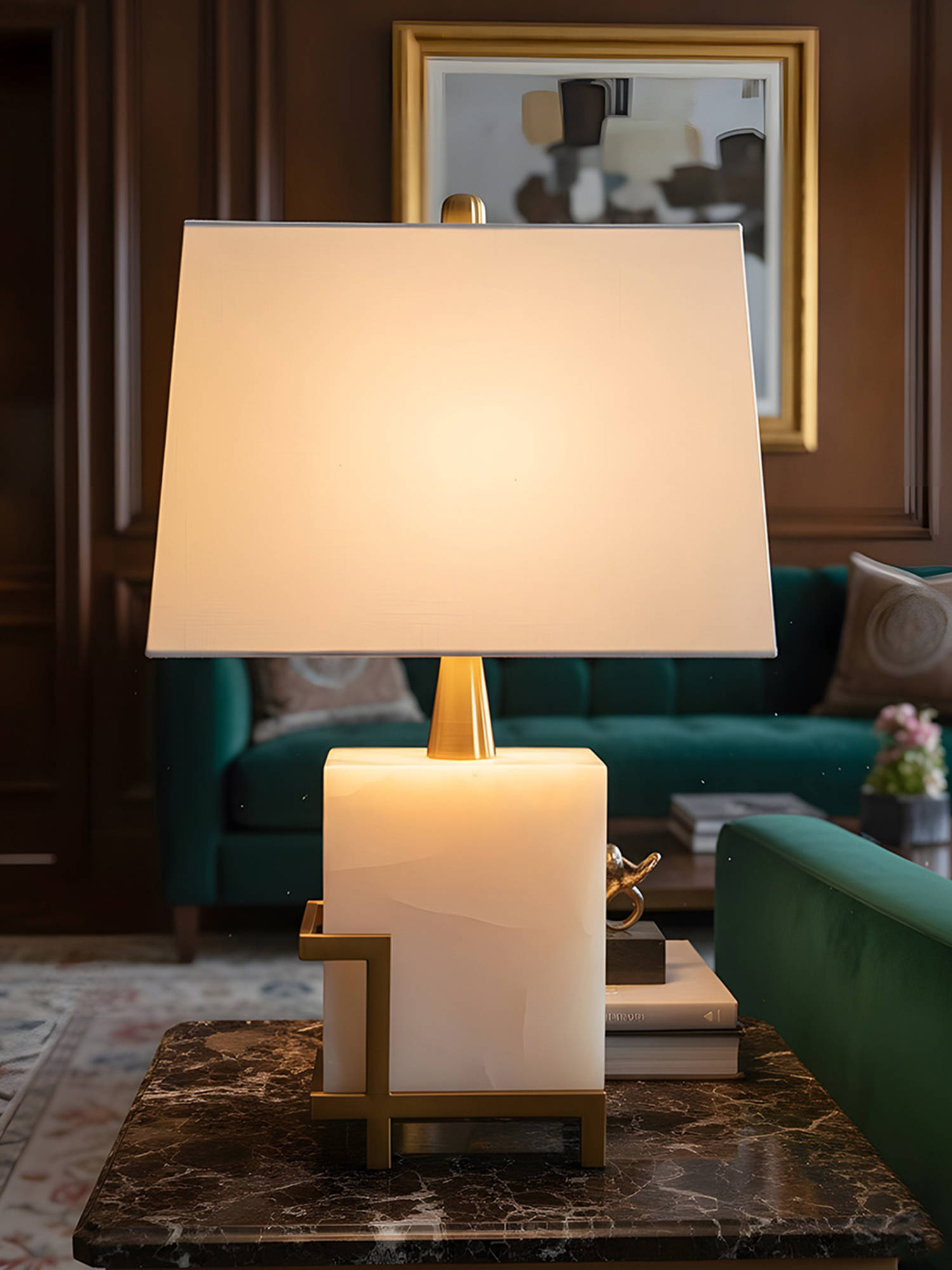 Aarvi Decor White Onyx Decorative Luxe Marble Geometry Table Lamp