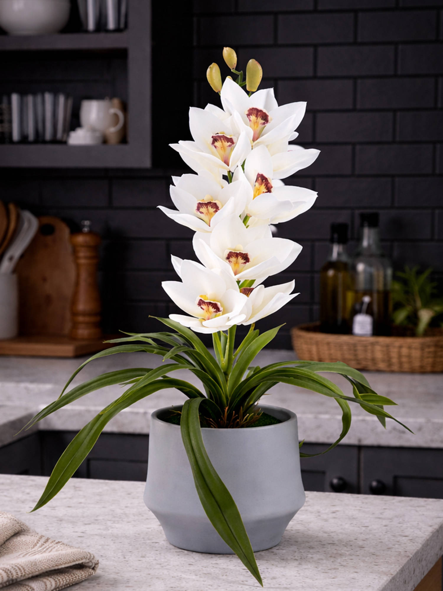 Aarvi Decor White Silk Velvet Orchid Elegance Pot With Flower