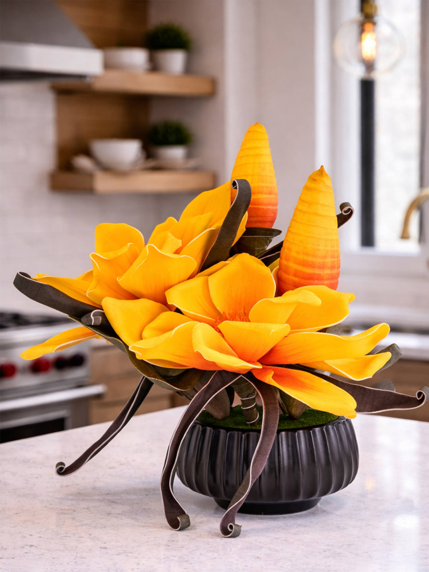 Aarvi Decor Yellow Faux Leather Opulent Dawn Magnolia Arrangement Pot With Flower