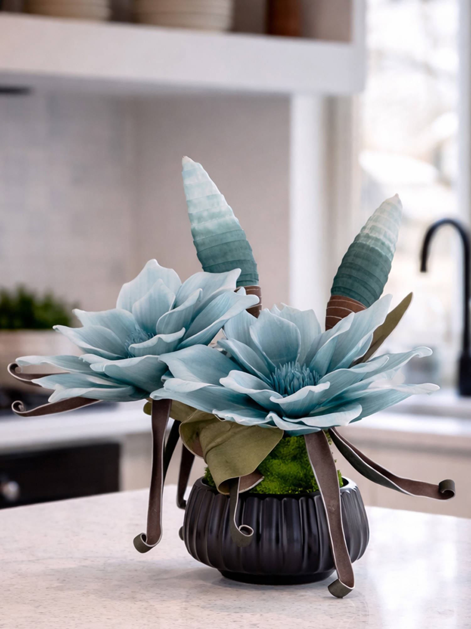 Aarvi Decor Blue Faux Leather Opulent Dawn Magnolia Arrangement Pot With Flower
