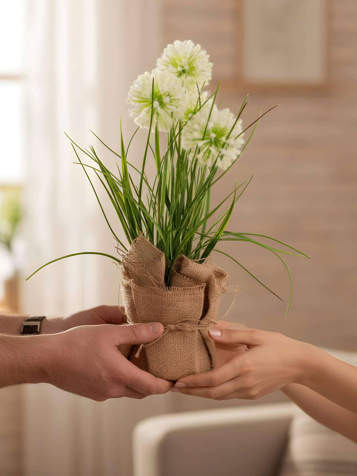 Aarvi Decor Cream Silk Plastic Faux Allium Arrangement Flower Bunch With Jute Wrap