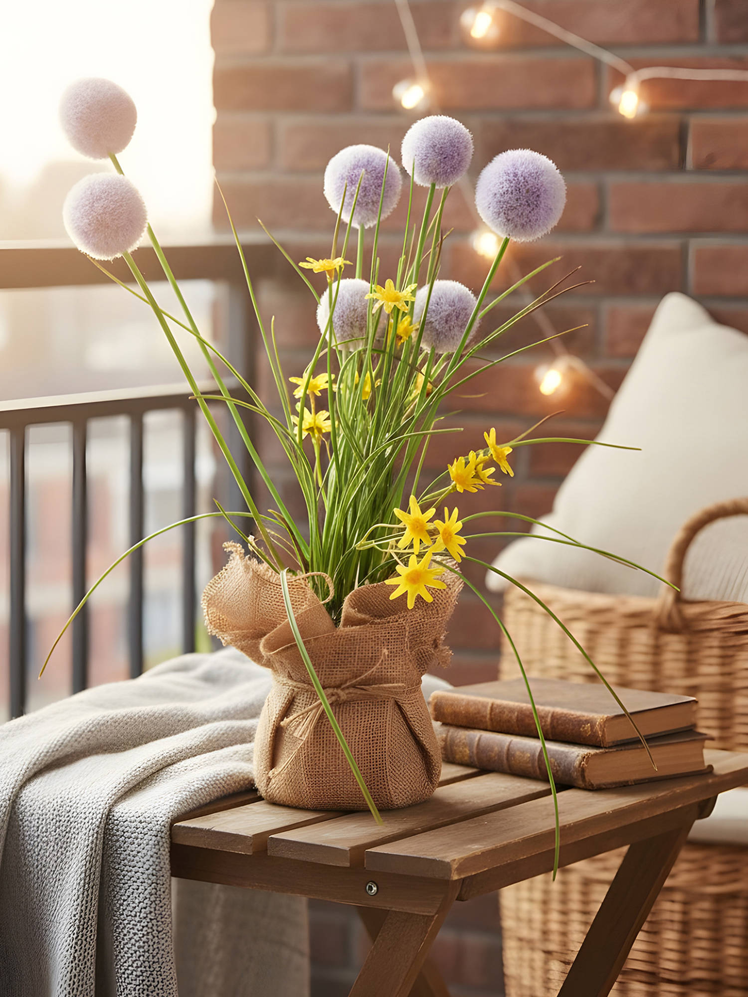 Aarvi Decor Purple Silk Plastic Artificial Dandelion Arrangement Flower Bunch With Jute Wrap
