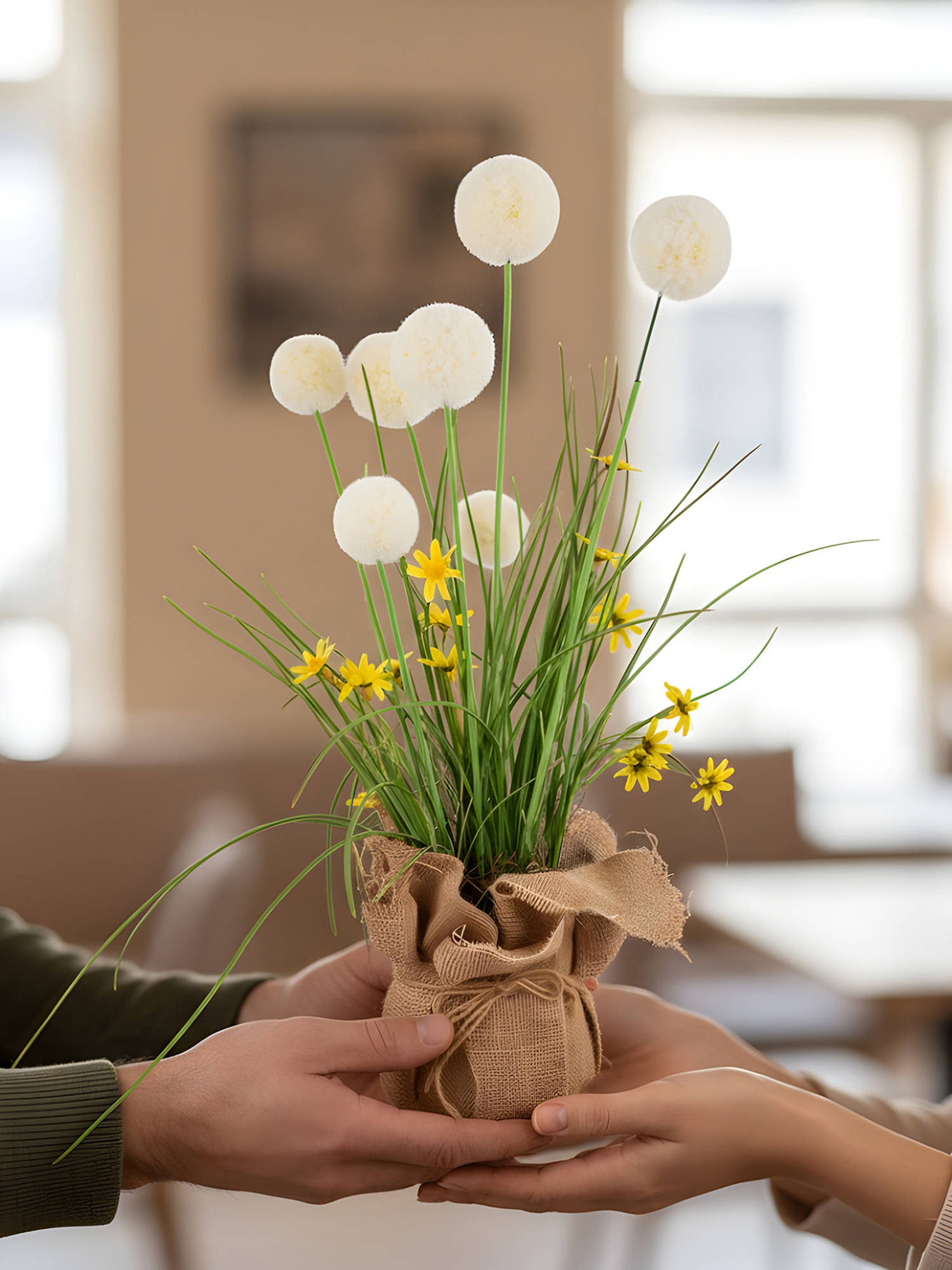 Aarvi Decor Cream Silk Plastic Artificial Dandelion Arrangement Flower Bunch With Jute Wrap