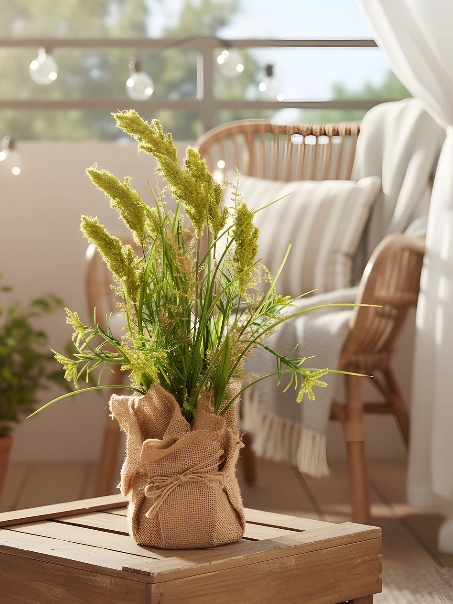 Aarvi Decor Green Silk Plastic Faux Pampas Grass Arrangement Flower Bunch With Jute Wrap
