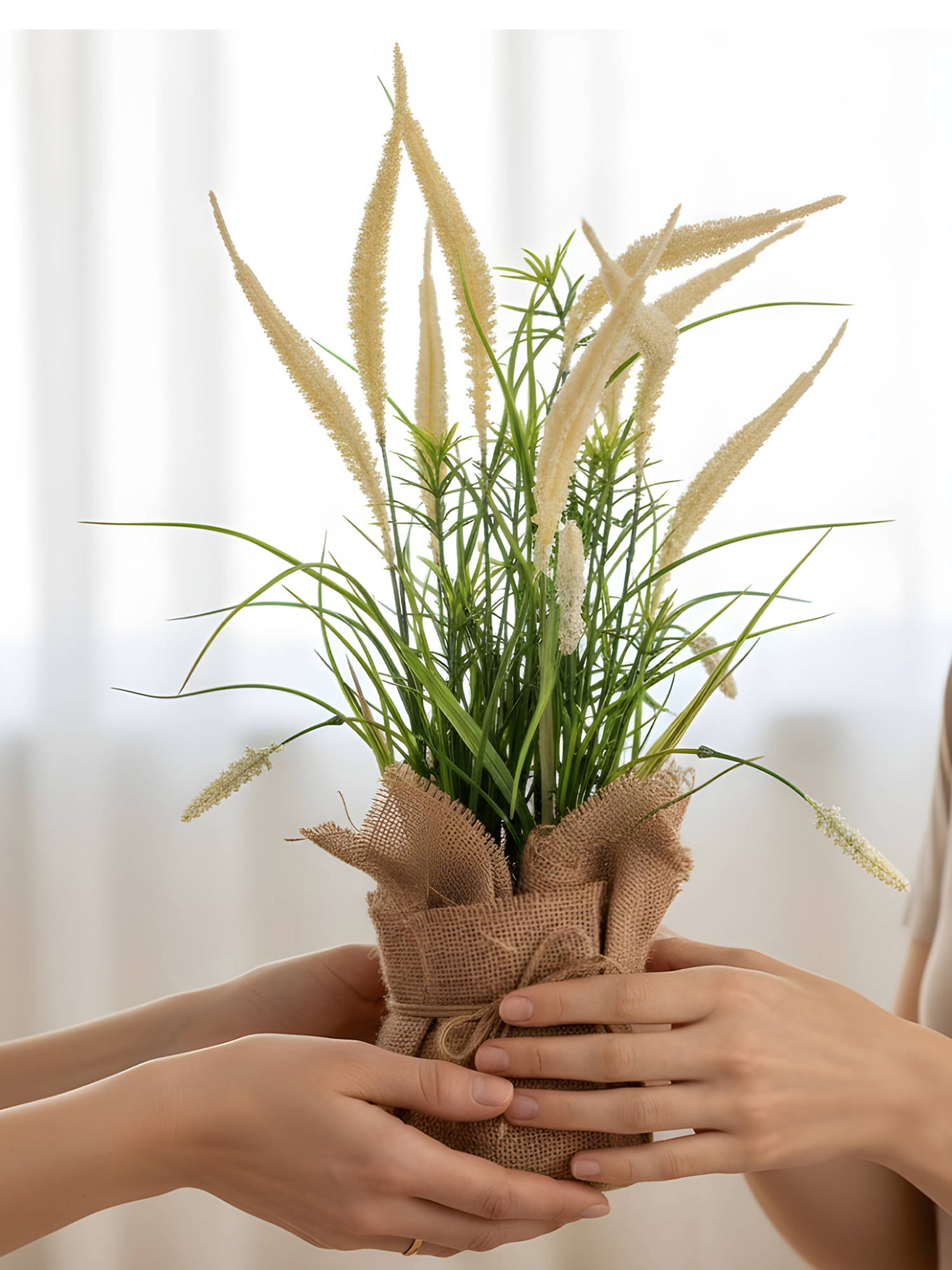 Aarvi Decor Cream Silk Plastic Artificial Foxtail Grass Arrangement Flower Bunch With Jute Wrap