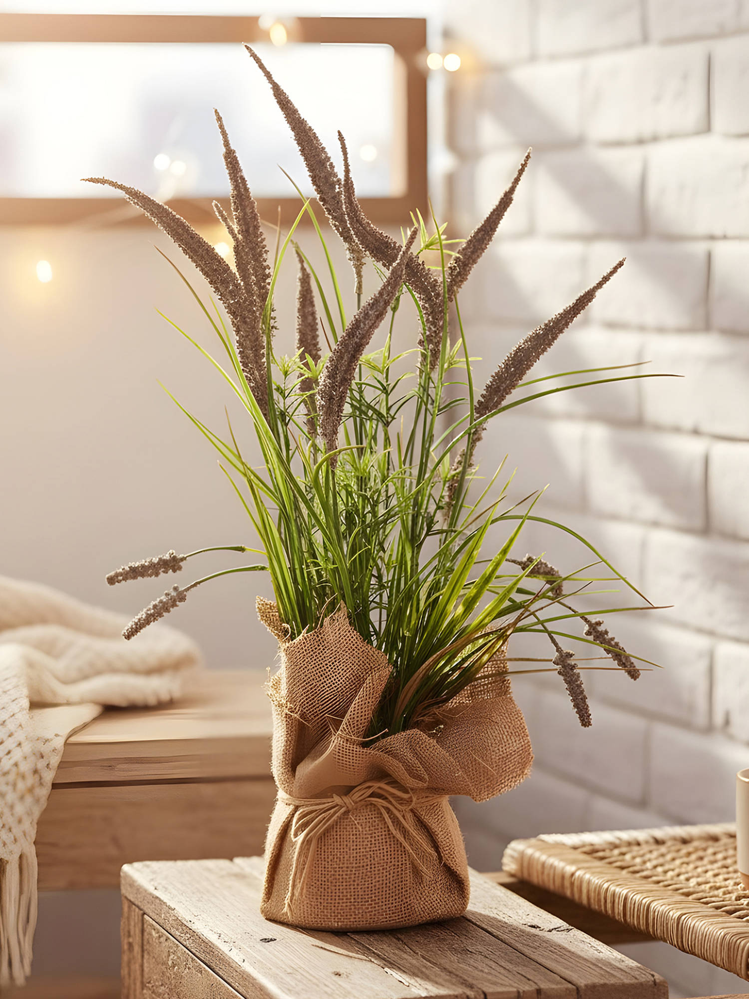 Aarvi Decor Brown Silk Plastic Artificial Foxtail Grass Arrangement Flower Bunch With Jute Wrap