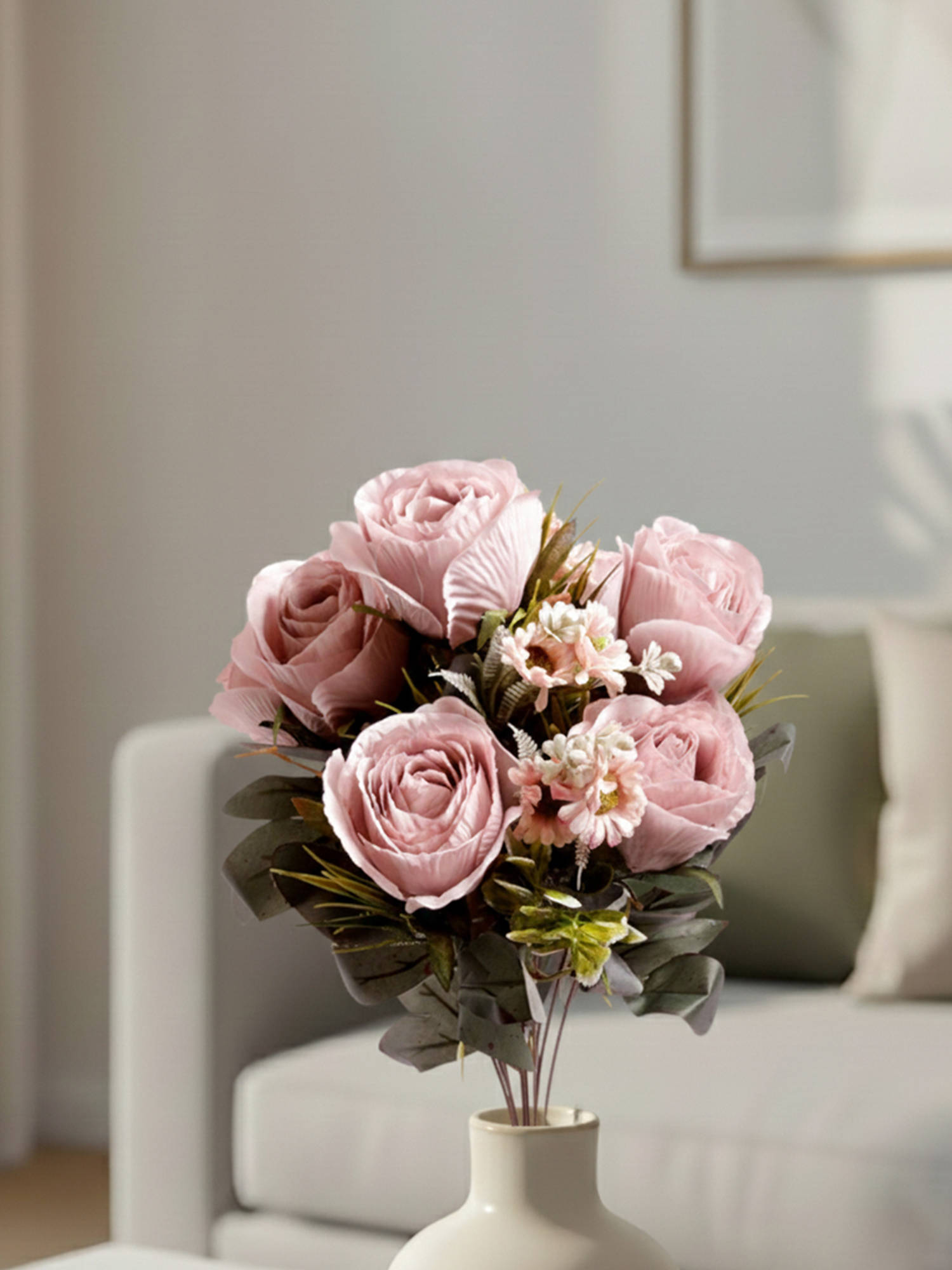 Aarvi Decor Light Pink Rose Silk Bunch Single Stem Flower