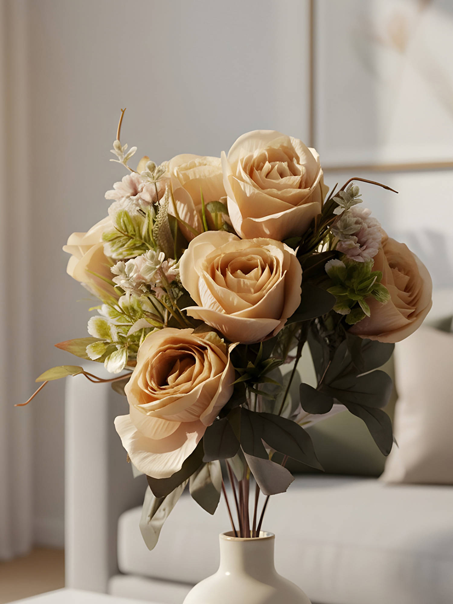 Aarvi Decor Beige Rose Silk Bunch Single Stem Flower