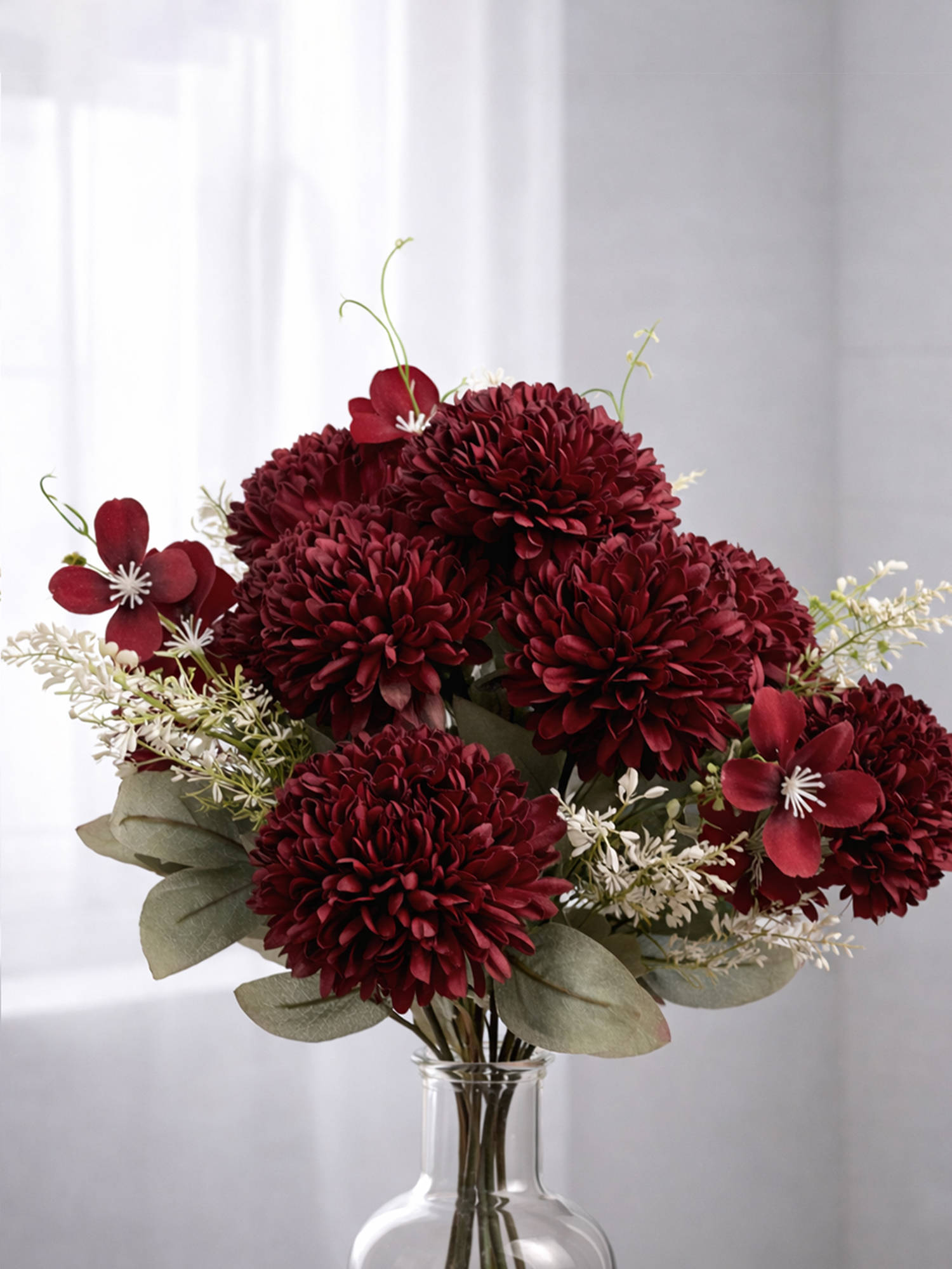 Aarvi Decor Red Chrysanthemums Silk Bunch Single Stem Flower