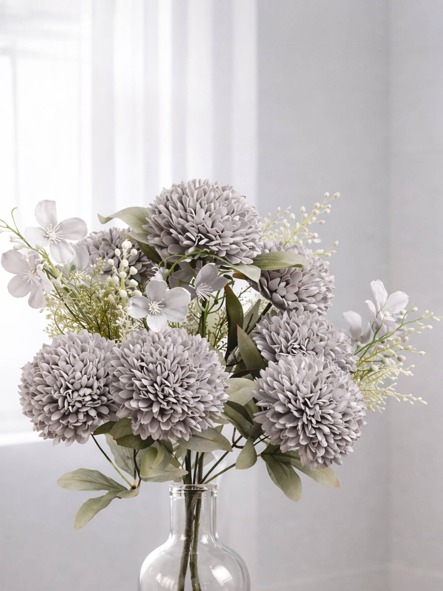 Aarvi Decor Gray Chrysanthemums Silk Bunch Single Stem Flower