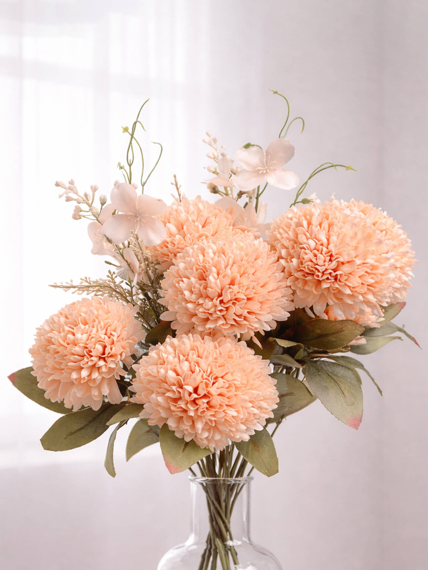 Aarvi Decor Peach Chrysanthemums Silk Bunch Single Stem Flower