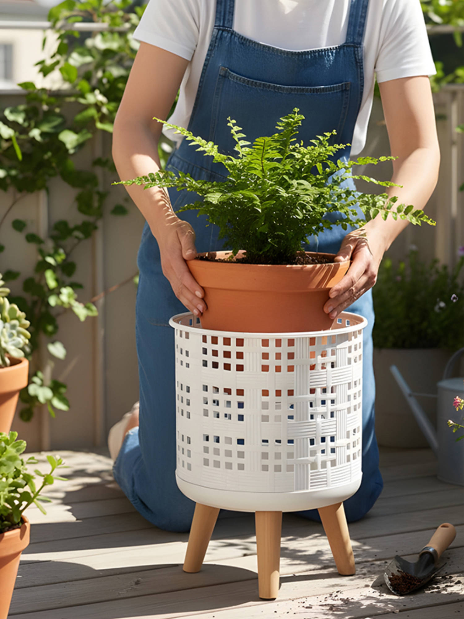 Aarvi Decor White Metal And Wood Freestanding Round Mesh Planter
