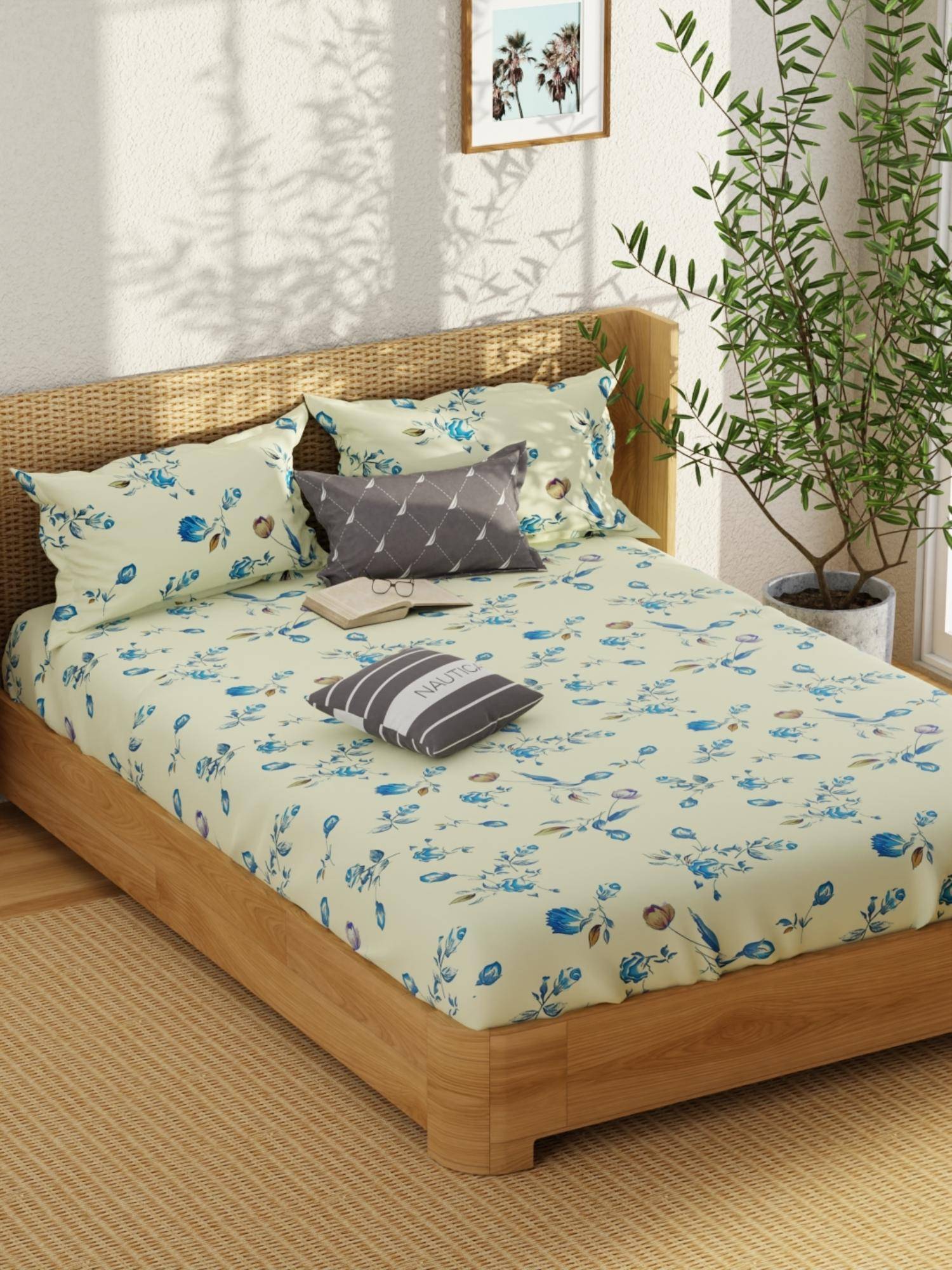 Nautica Satin Cotton Bedsheet With 2 Pillow Covers Upperdeck Florence - Blue/Beige (Double)