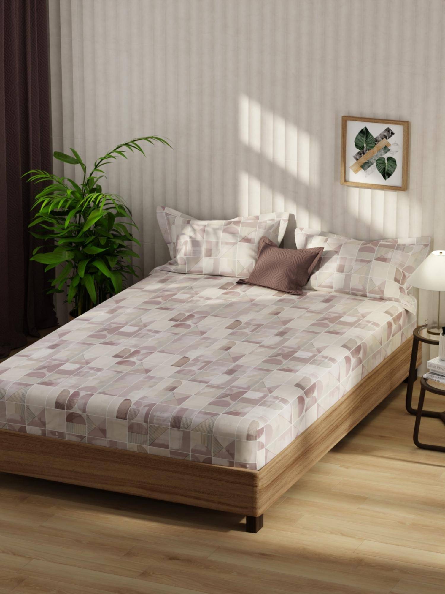 KOPA Bamboo Micro Fabric Bedsheet With 2 Pillow Covers Santiago Abstract - Mauve (Double)