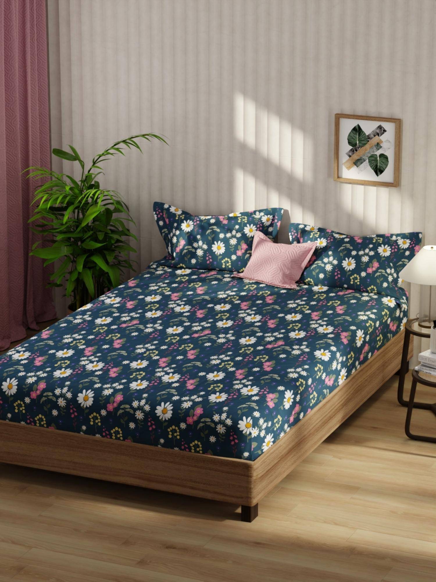 KOPA Bamboo Micro Fabric Bedsheet With 2 Pillow Covers Santiago Floral - Midnight (Double)