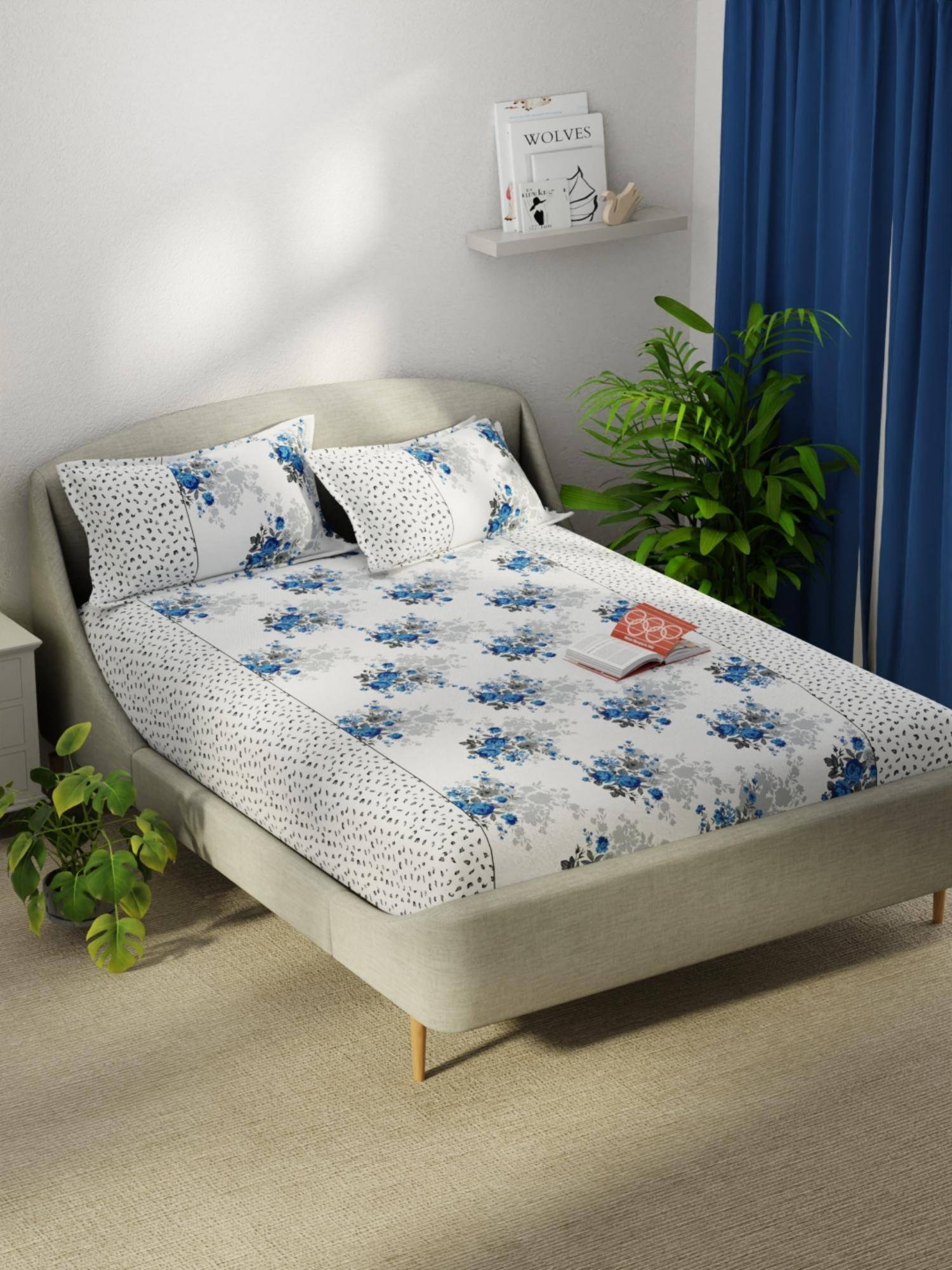 KOPA Smooth Micro Bedsheet With 2 Pillow Covers Unvague Floral - White/Blue (Double)