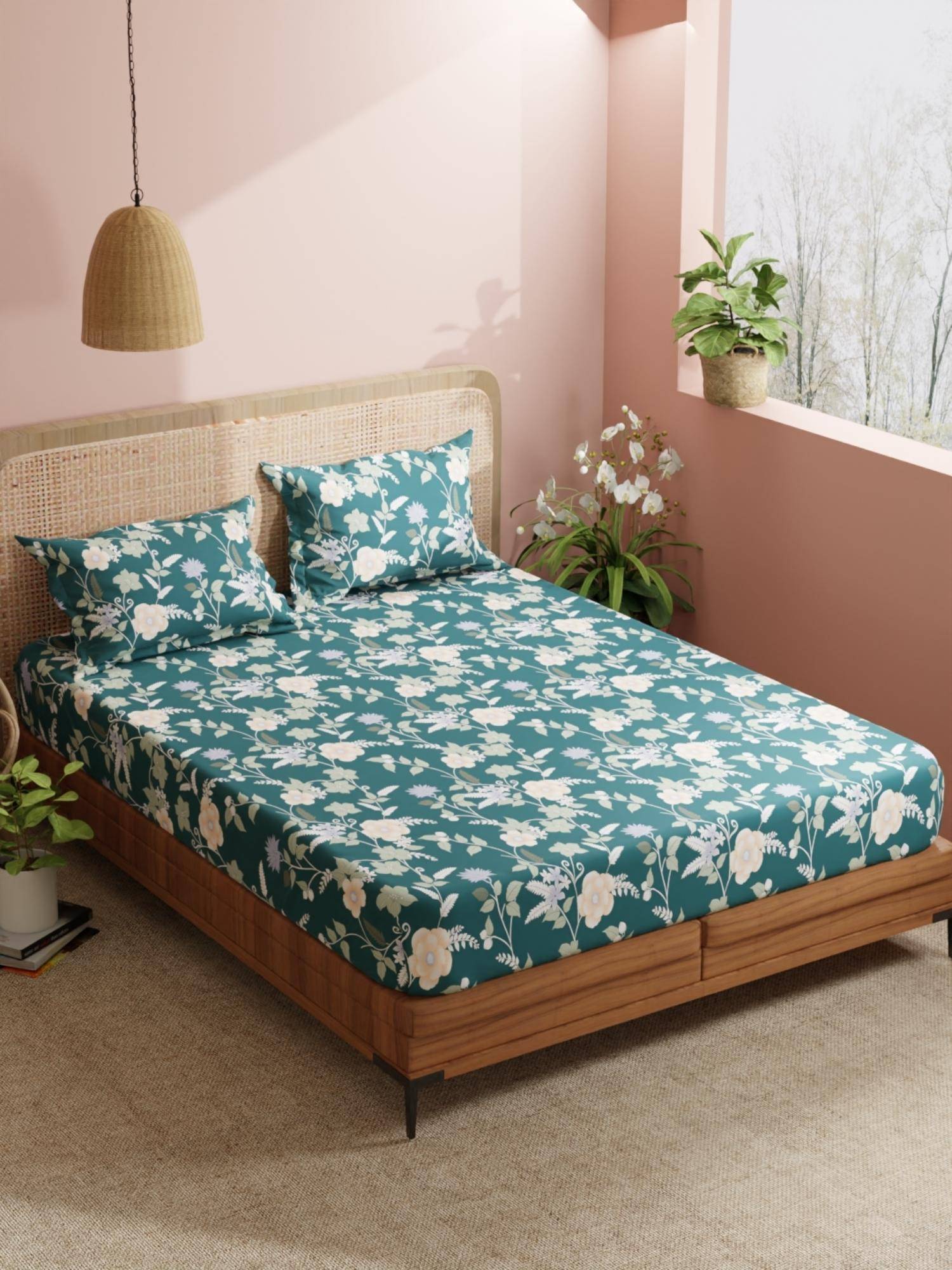 BIANCA Blended Fabric Aroma Bedsheet With 2 Pillow Covers Bloom Floral - Green (Double)