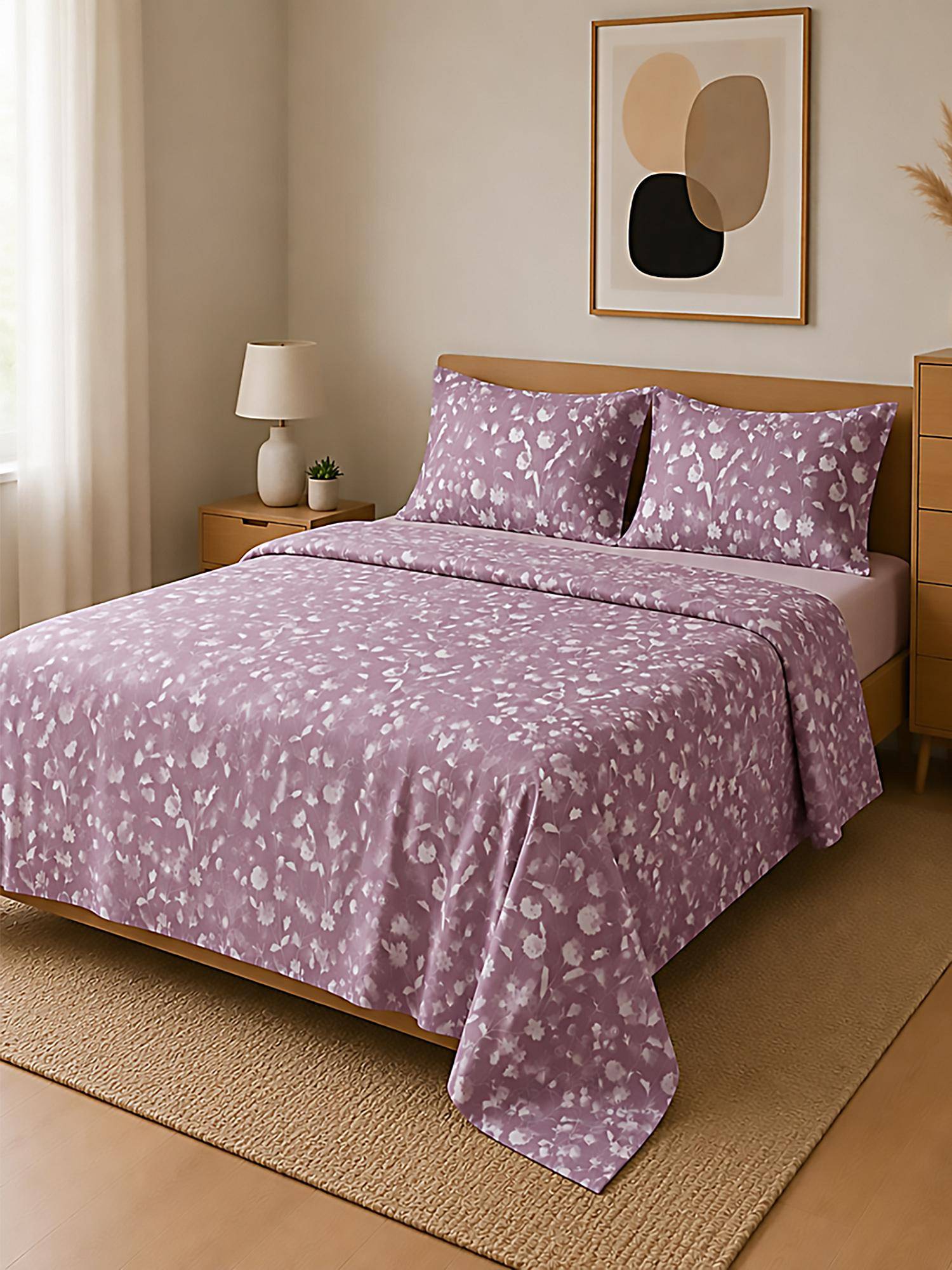 Linen Home 100% Percale Cotton Percale Flat Bedsheet With 2 Pillow Covers Blossomy Mauve (Queen)