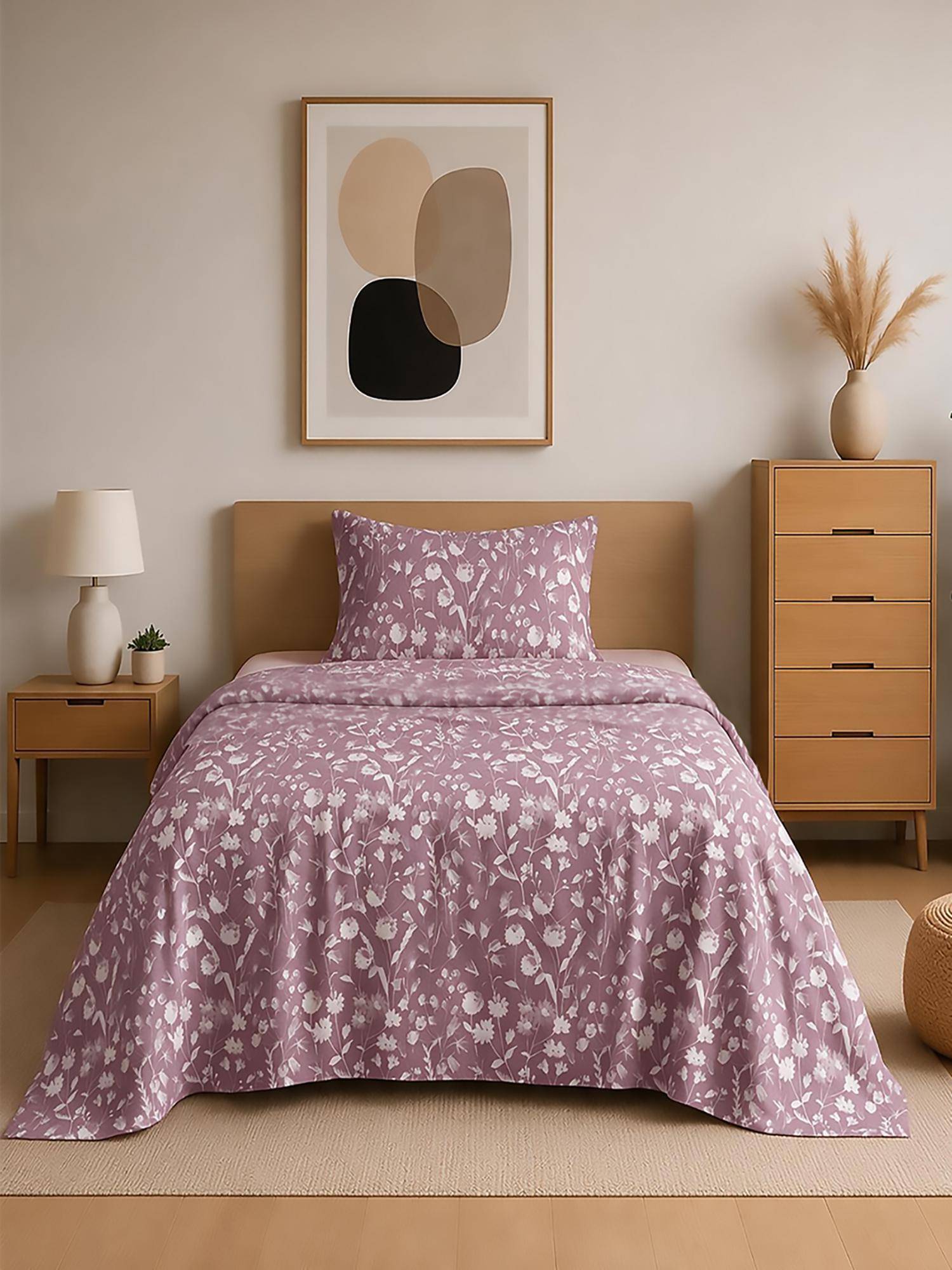 Linen Home 100% Percale Cotton Percale Flat Bedsheet & Pillow Cover Blossomy Mauve (Single)