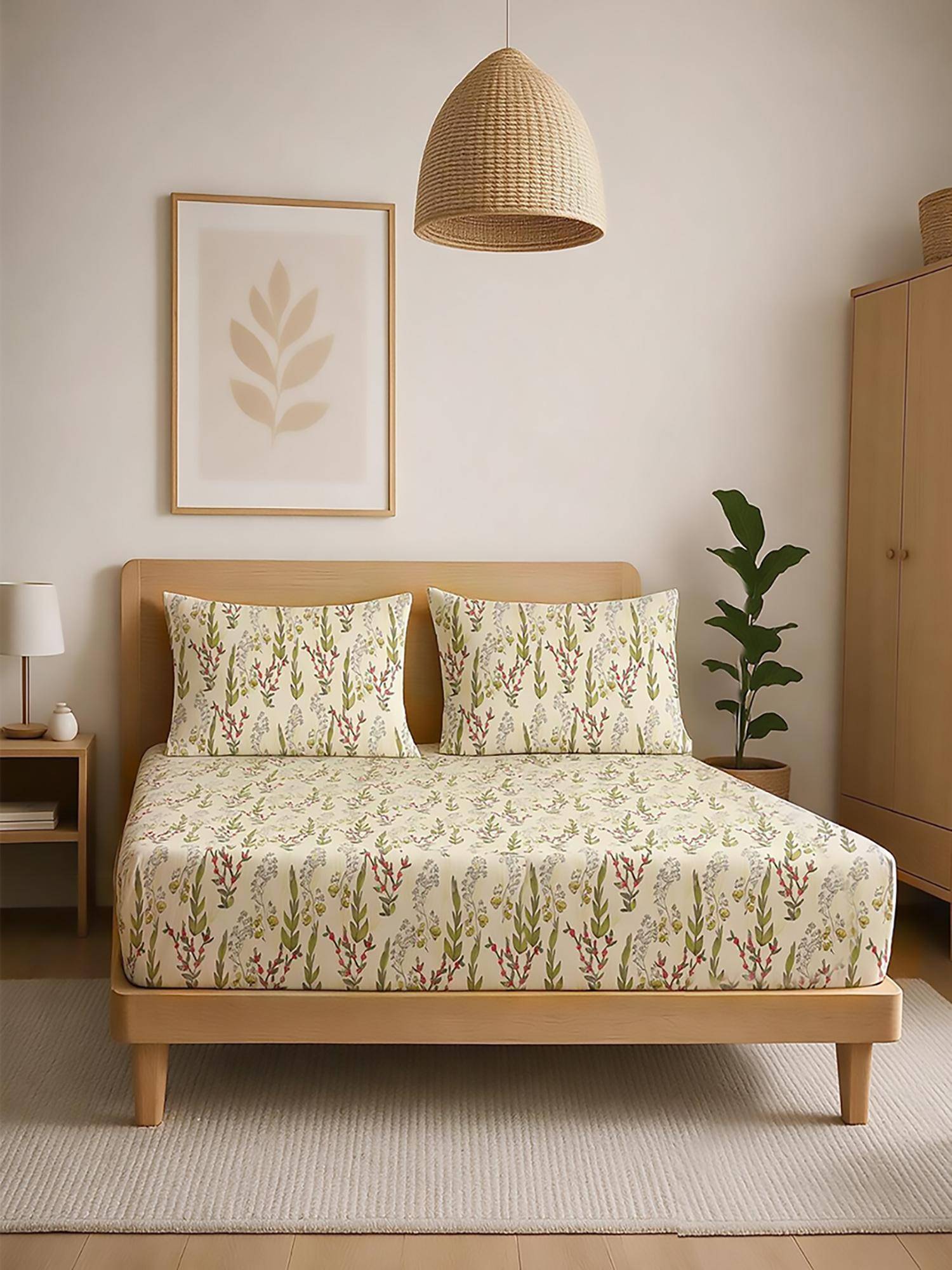 Linen Home 100% Percale Cotton Percale Fitted Bedsheet With 2 Pillow Covers Moss and Fern (Single)
