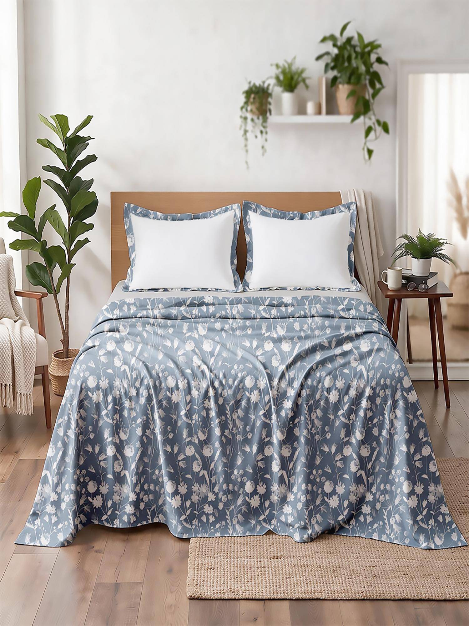 Linen Home 100% Percale Cotton Percale Flat Bedsheet With 2 Pillow Covers Blossomy Blue (King)
