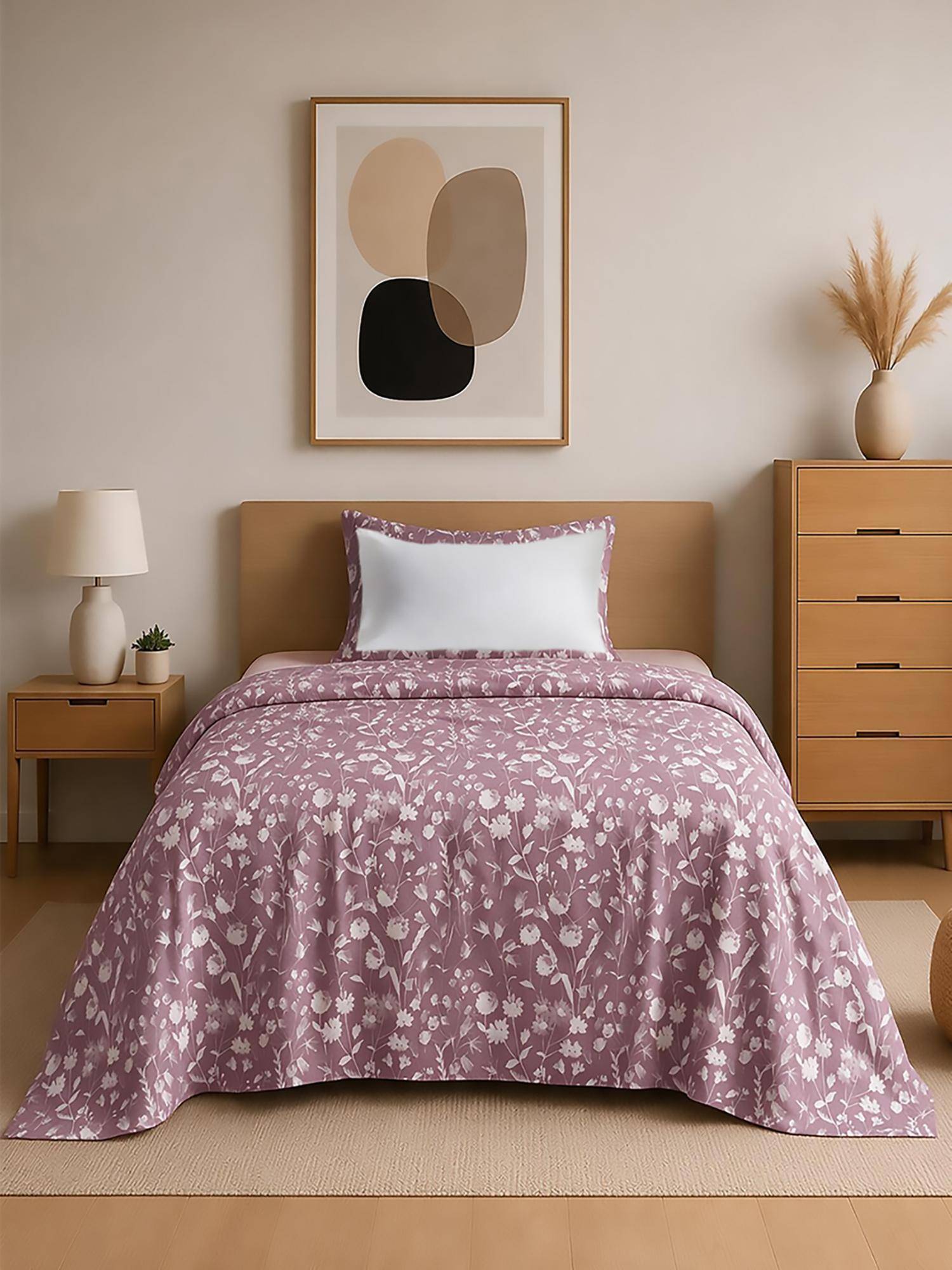 Linen Home 100% Percale Cotton Percale Flat Bedsheet & Pillow Cover Blossomy Mauve (Single)