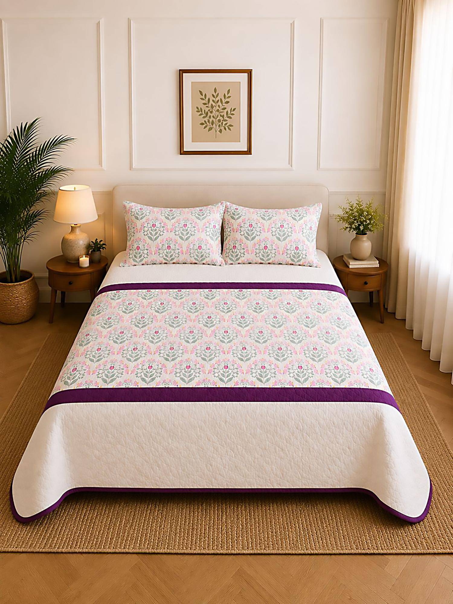 Linen Home Percale Cotton Reversible Quilted Bedspread With 2 Pillow Covers Sequence Pink (King)