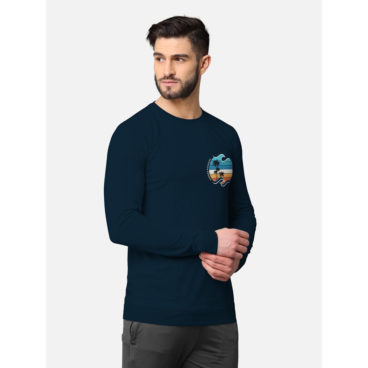 BULLMER Trendy Front & Back Printed Full Sleeve Tshirt For Men Navy