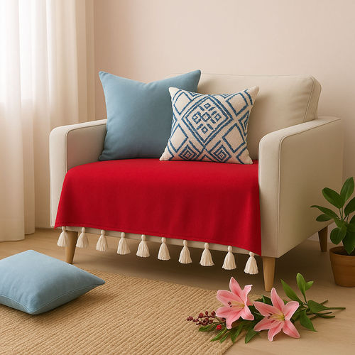 THROW PILLOW Red Sofa Cover With White Tassels For Seater 65X65 Cm