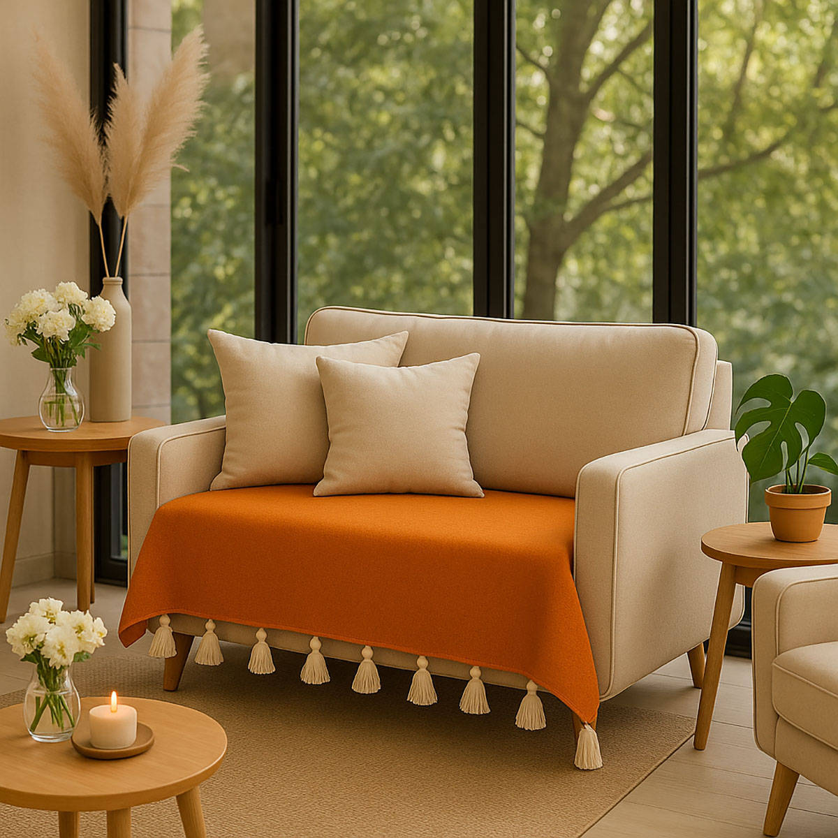 THROW PILLOW Orange Sofa Cover With White Tassels For 1 Seater 65X65 Cm