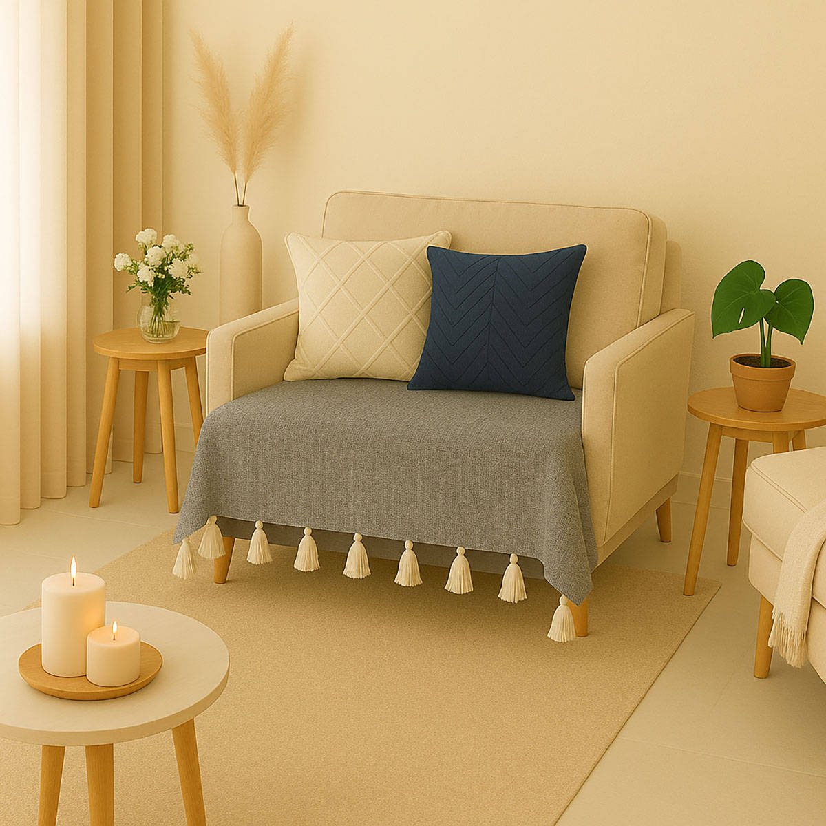 THROW PILLOW Light Grey Sofa Cover With White Tassels For 1 Seateros-65X65 Cm