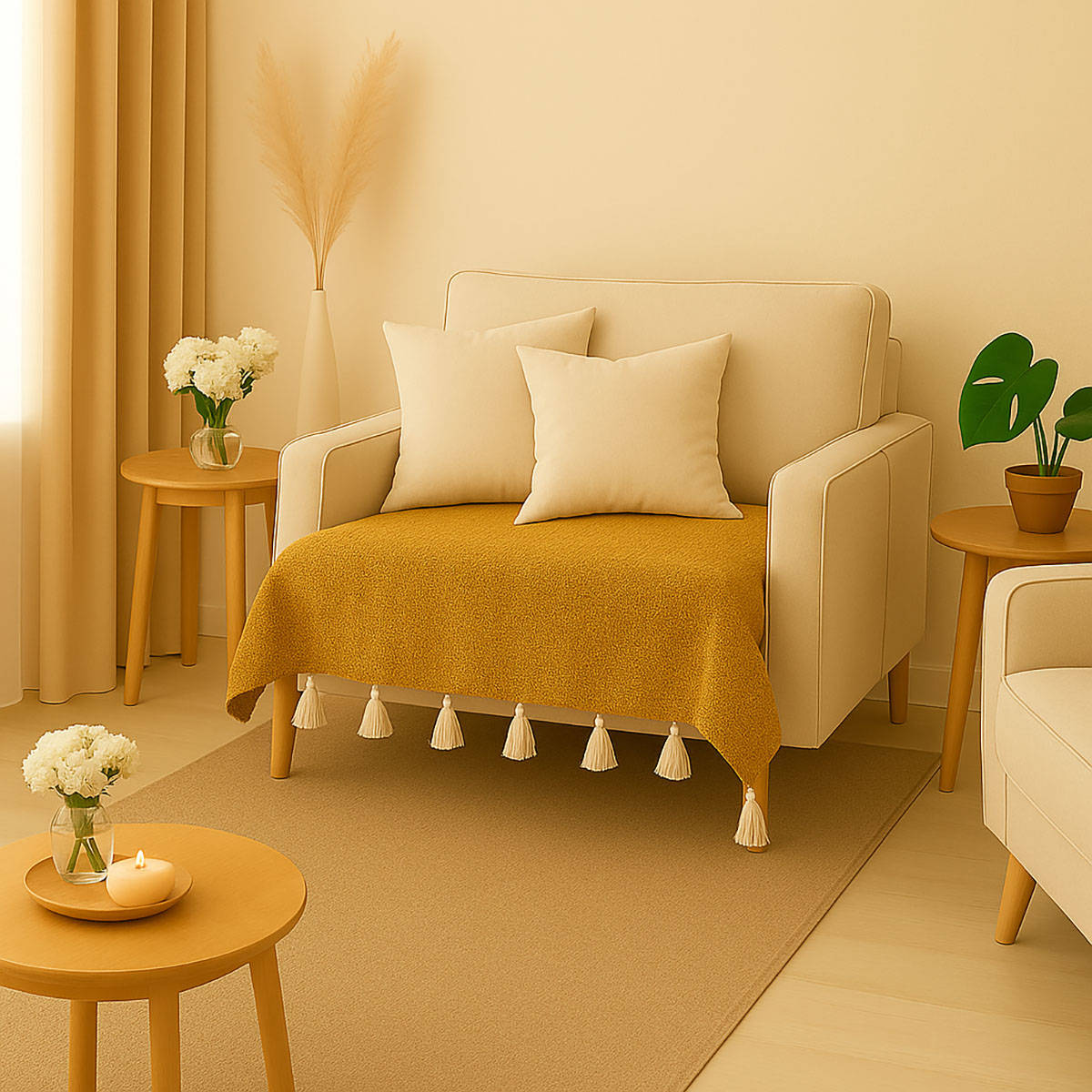 THROW PILLOW Mustard Sofa Cover With White Tassels For 1 Seateros-65X65 Cm