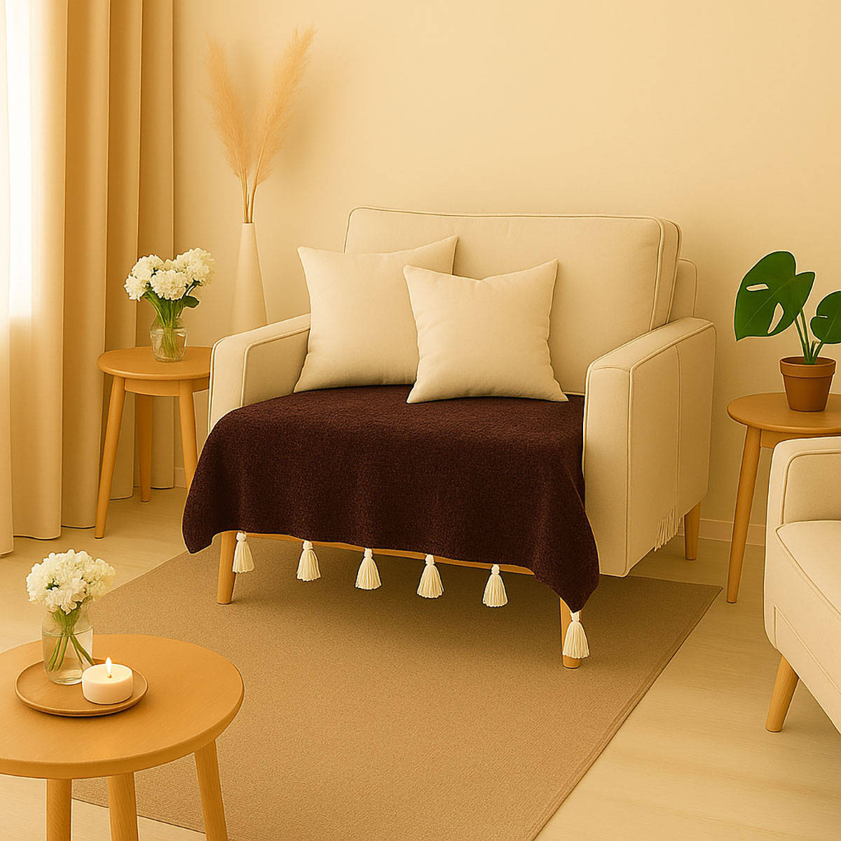 THROW PILLOW Dark Brown Sofa Cover With White Tassels For 1 Seateros-65X65 Cm