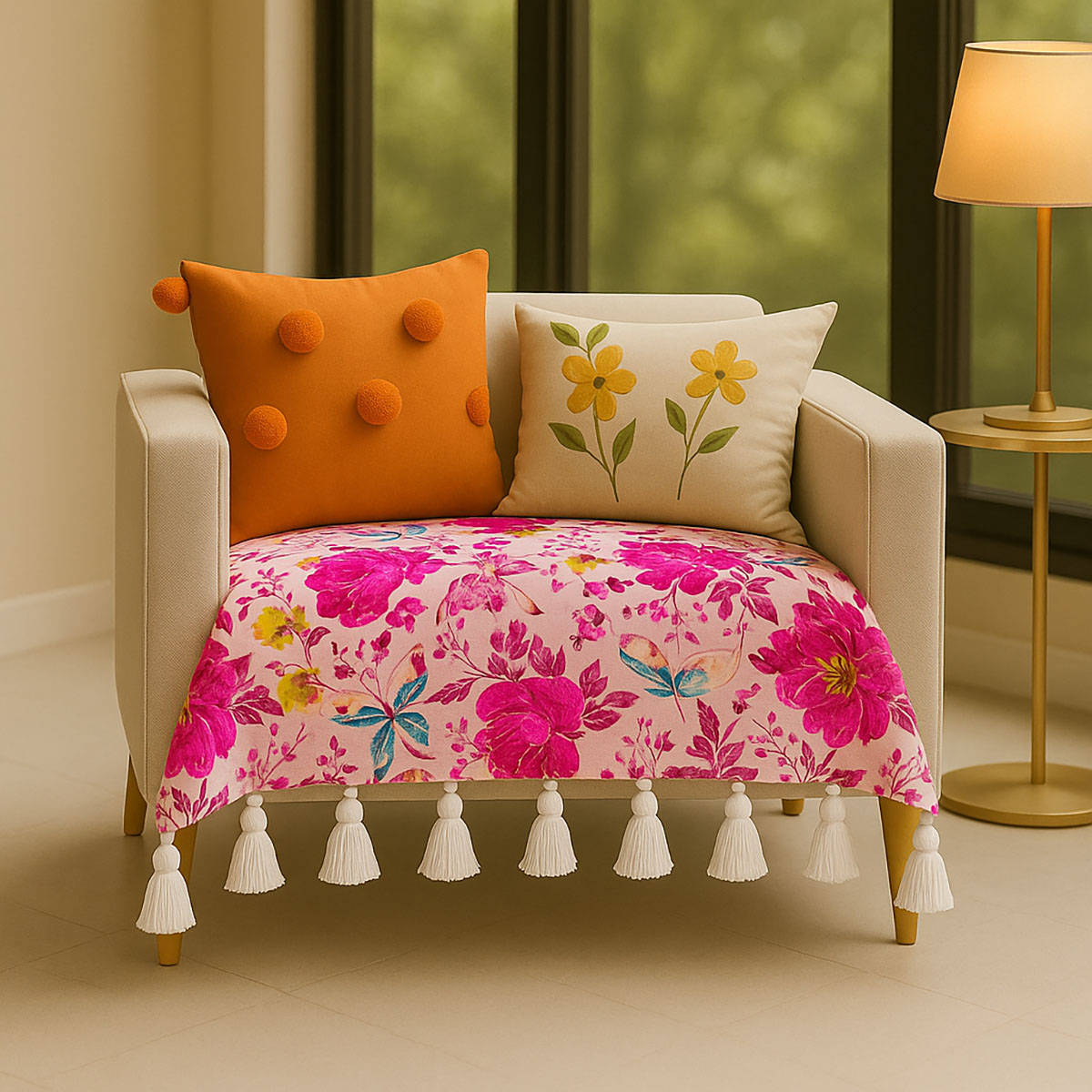 THROW PILLOW Pink Floral Printed Sofa Cover With White Tassels For 1 Seater 65X65 Cm
