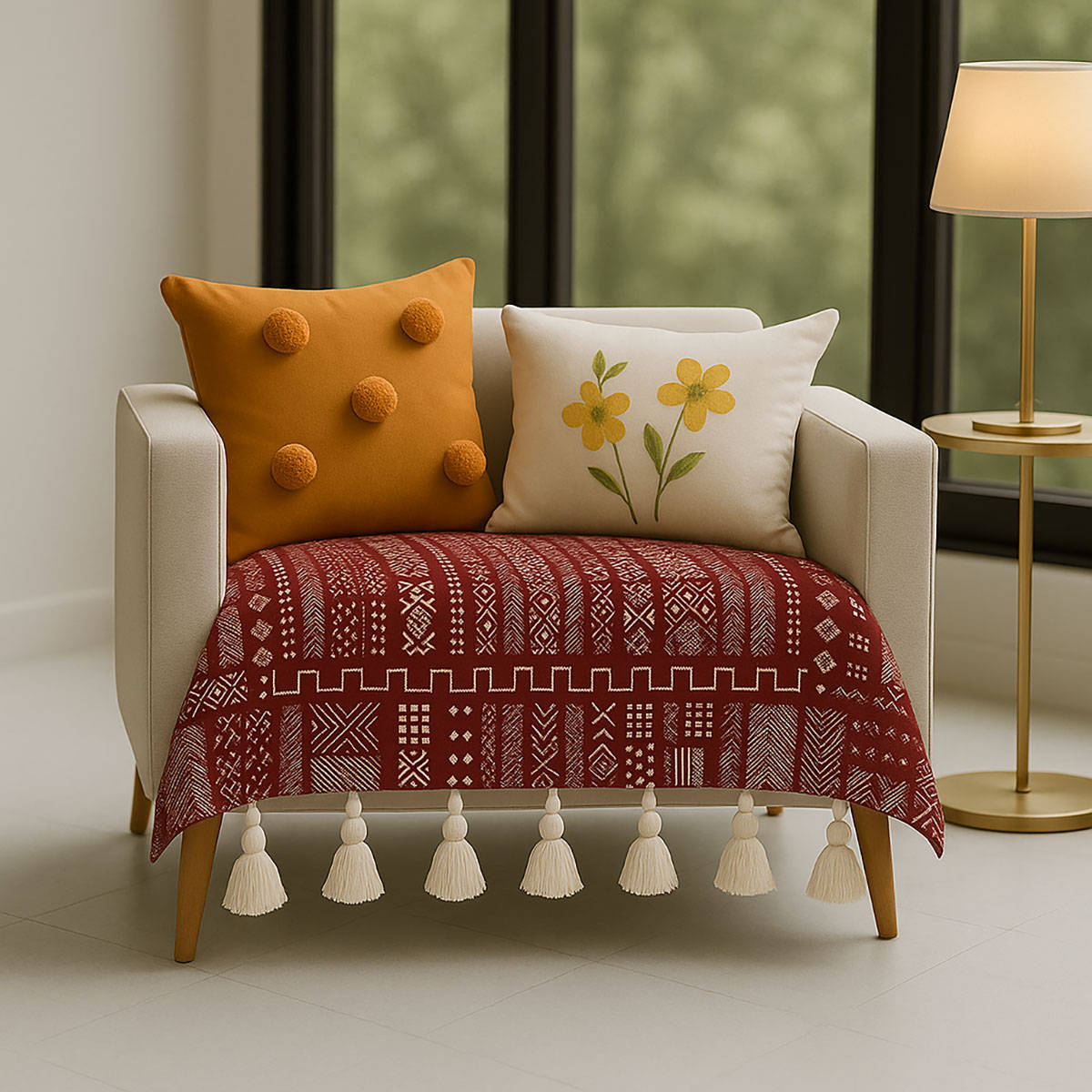 THROW PILLOW Maroon Tribal Printed Sofa Cover With White Tassels For 1 Seateros-65X65 Cm